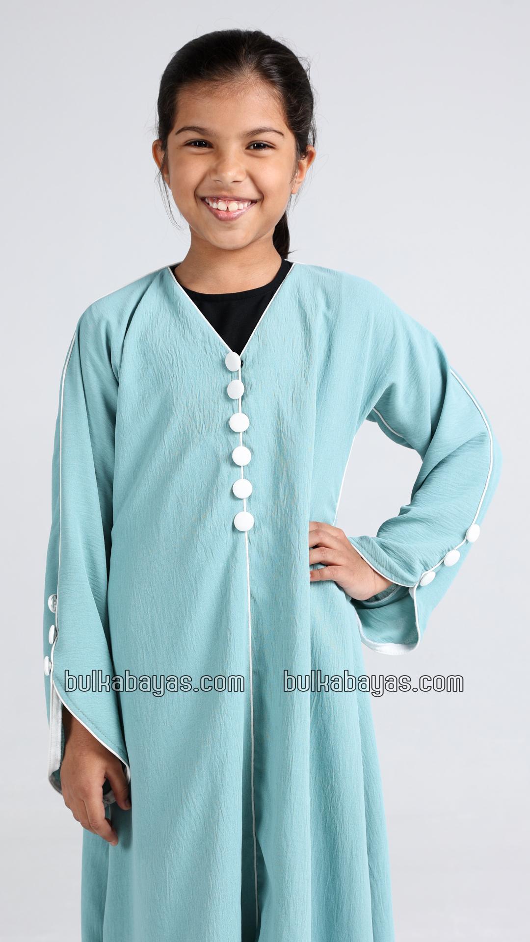 Bulk Kids Abaya with White Piping and Show Buttons on the Front and Sleeves 