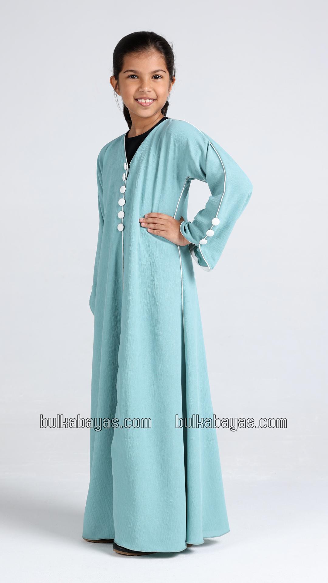 Bulk Kids Abaya with White Piping and Show Buttons on the Front and Sleeves 