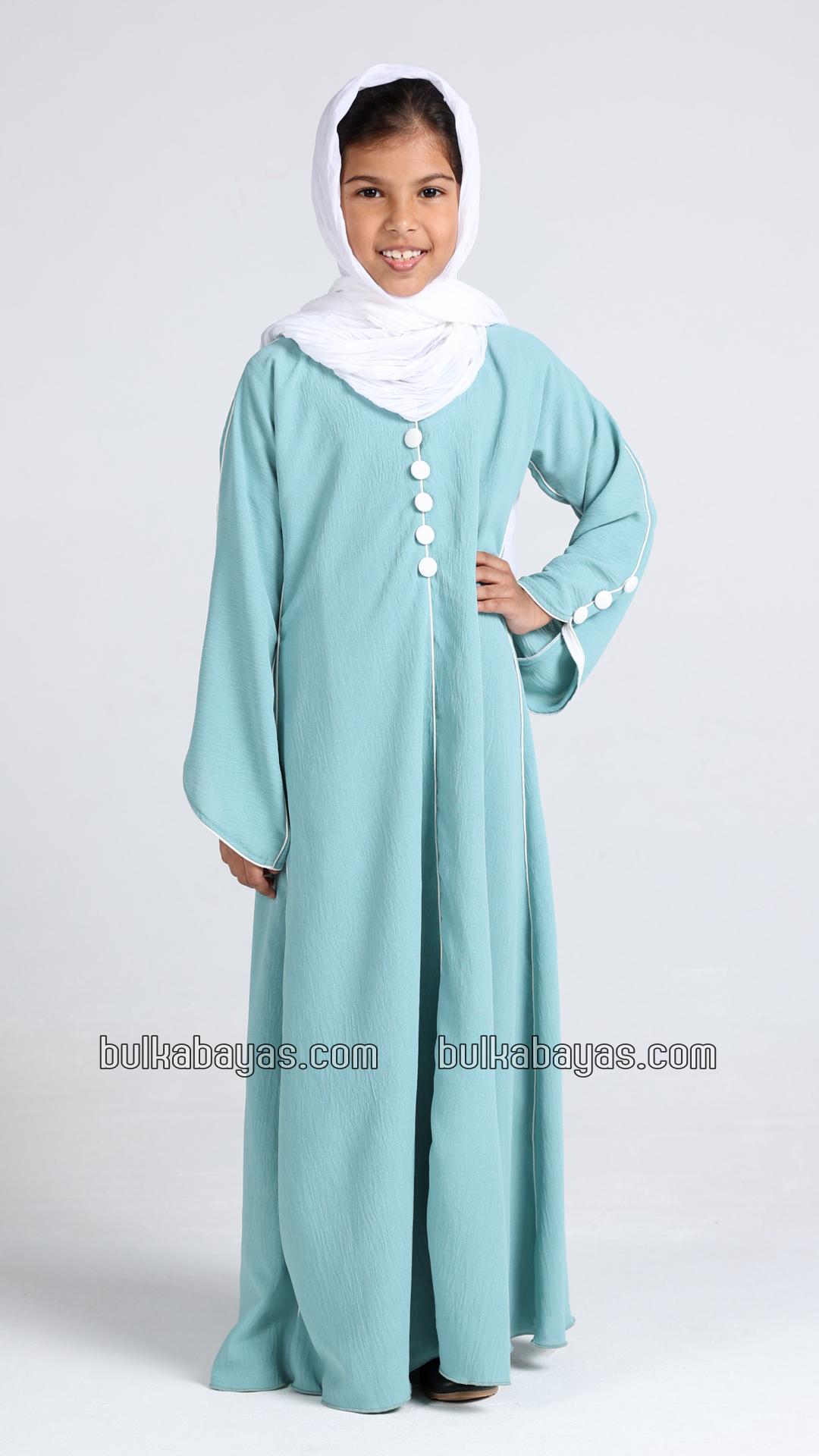Bulk Kids Abaya with White Piping and Show Buttons on the Front and Sleeves 