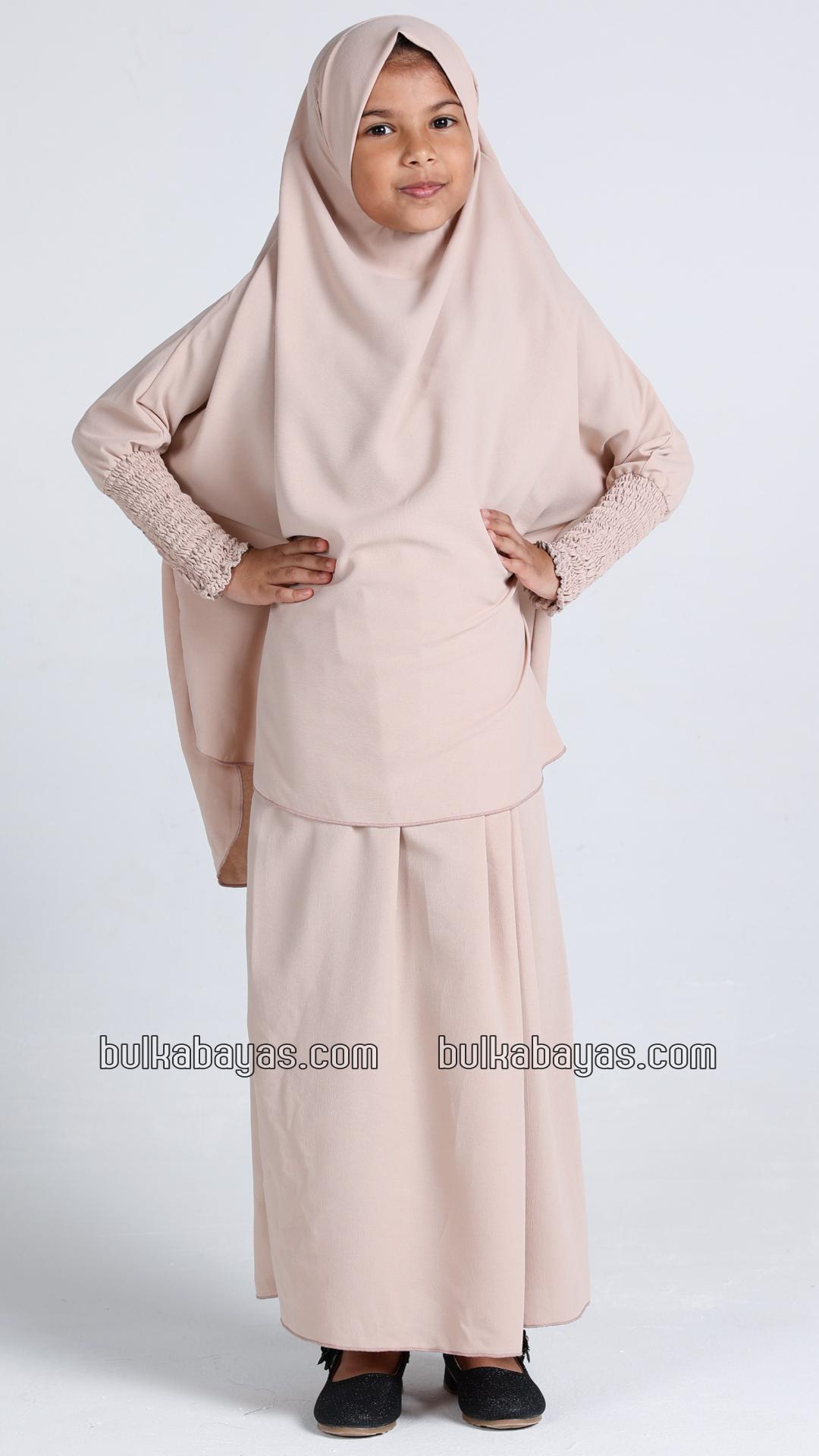 Bulk Kids Jilbab With Skirt And Khimar in Almond