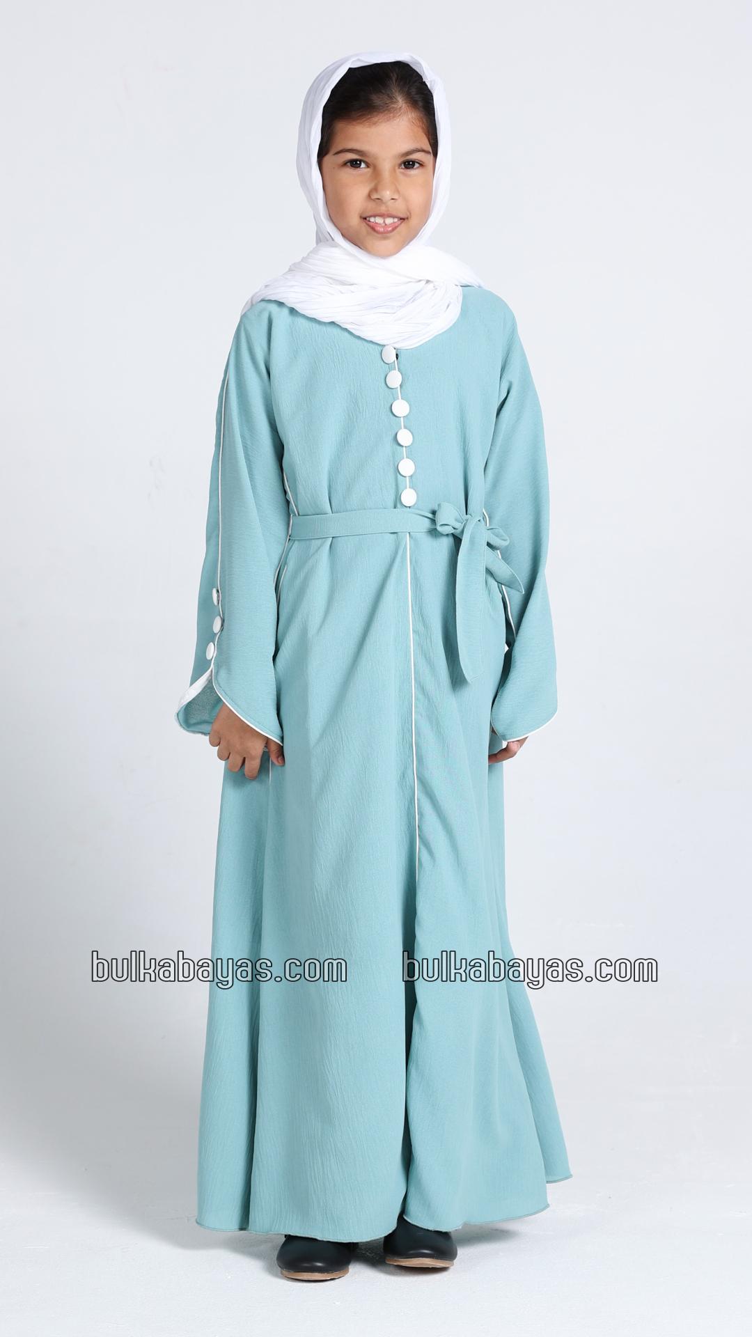 Bulk Kids Abaya with White Piping and Show Buttons on the Front and Sleeves 