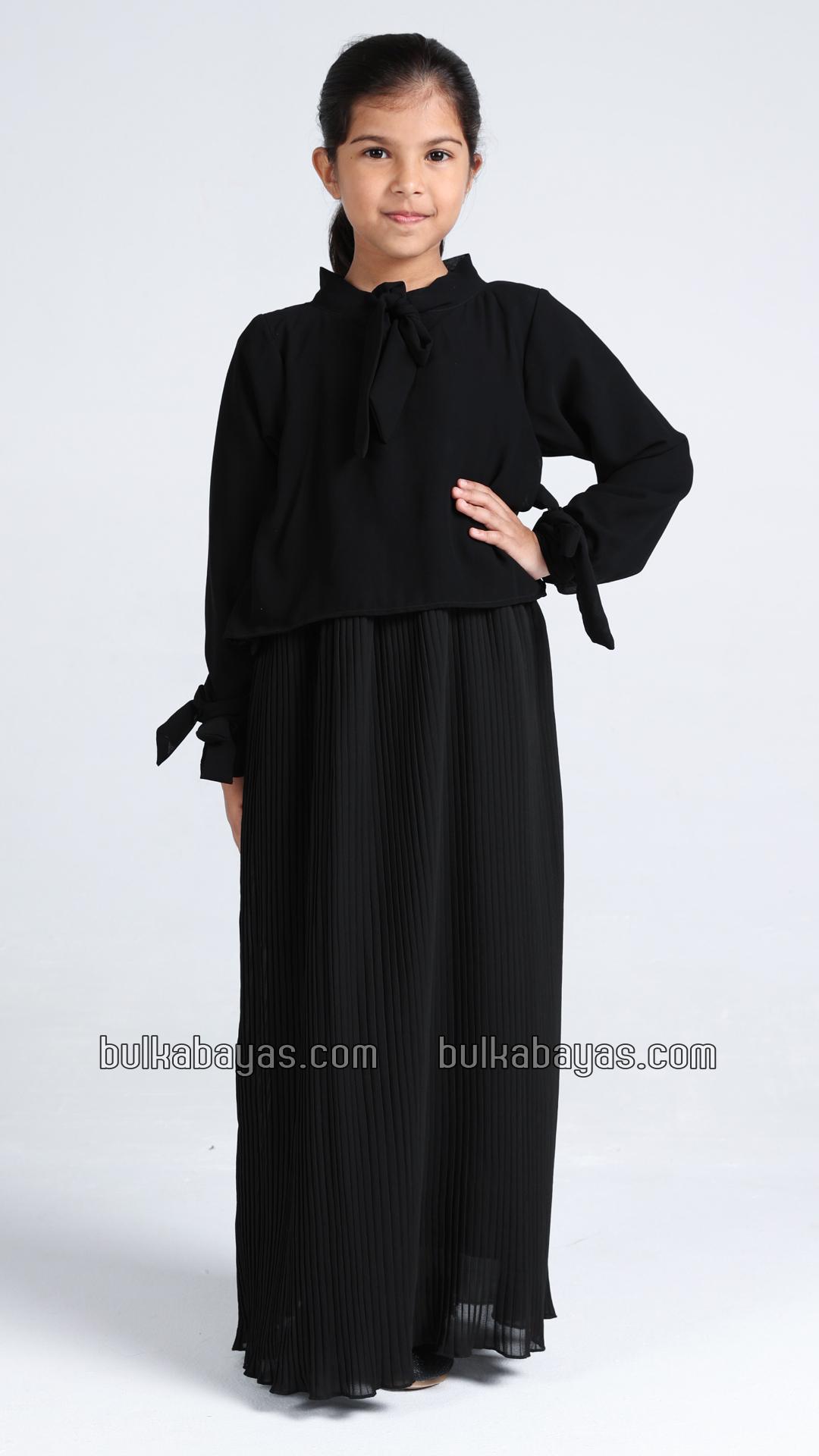 Bulk Pleated Modest Dress for Kids with a TieUp Neck and Sleeves