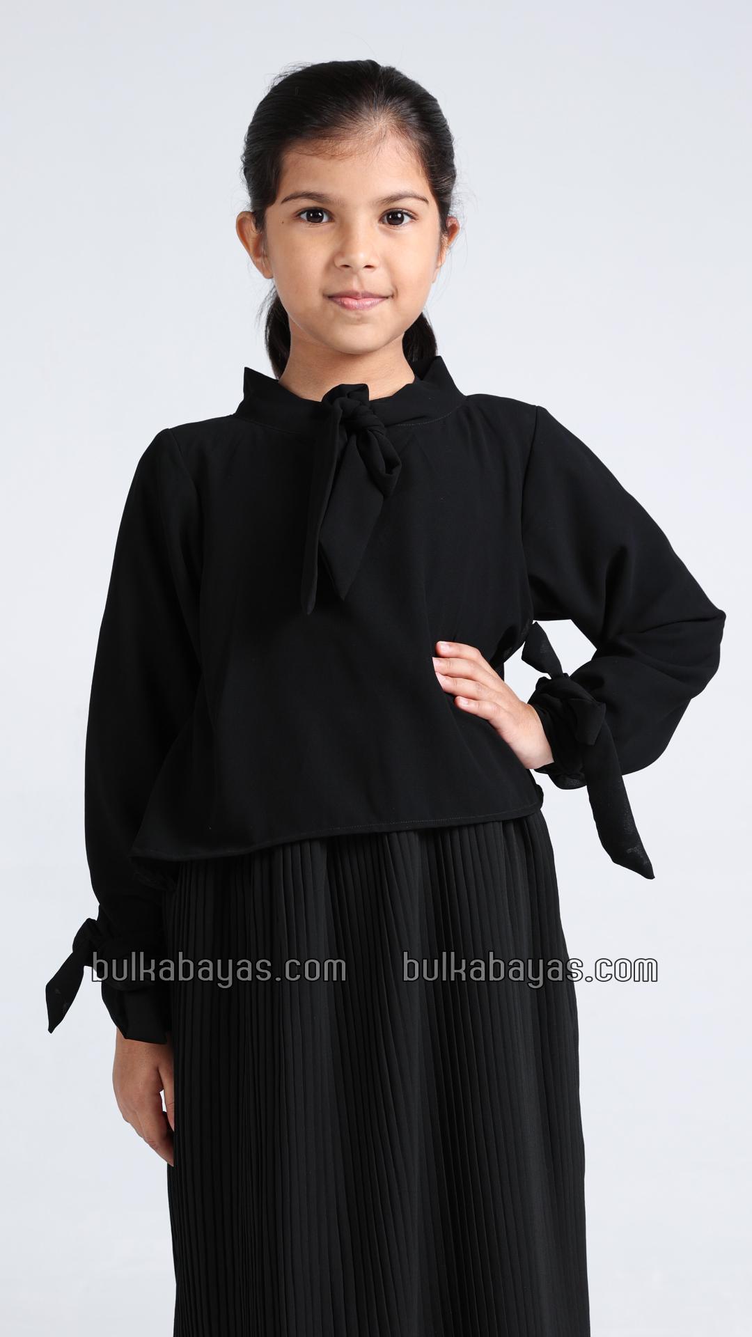 Bulk Pleated Modest Dress for Kids with a TieUp Neck and Sleeves