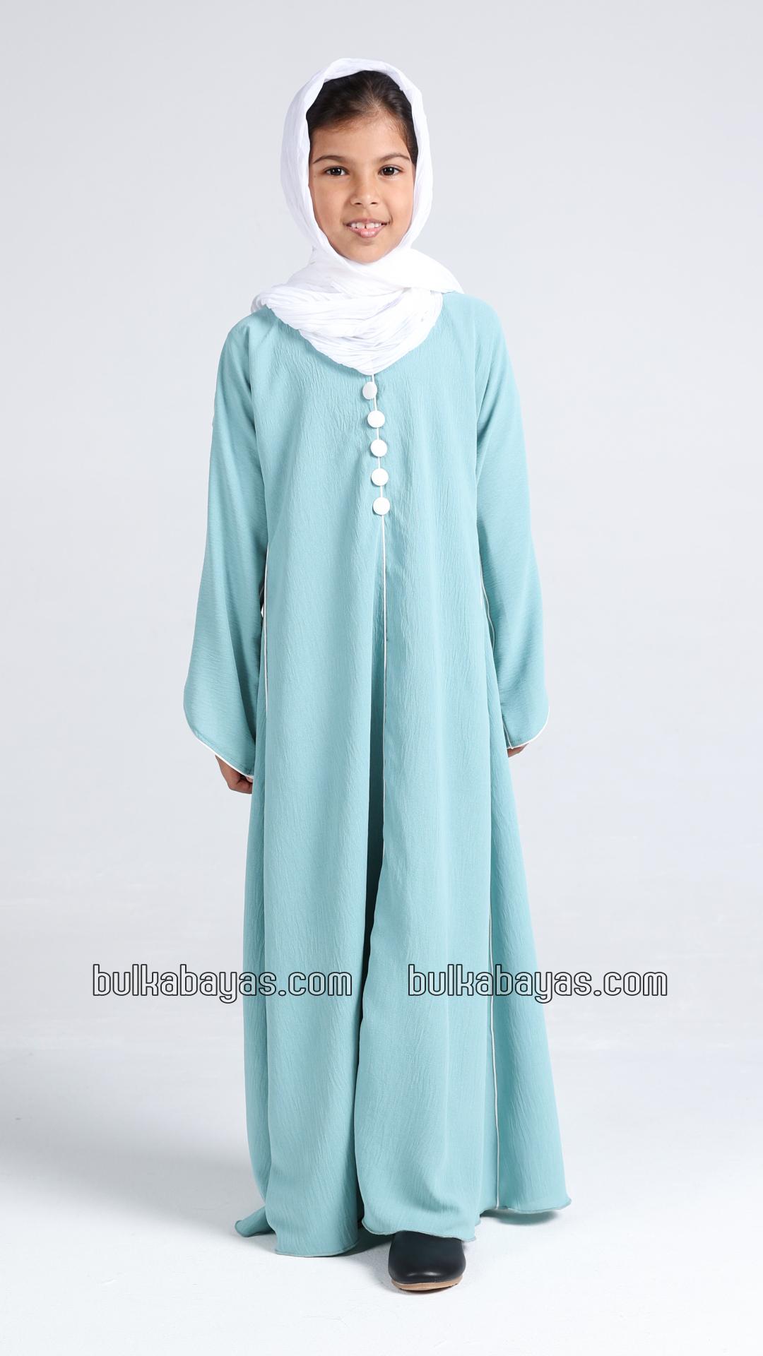 Bulk Kids Abaya with White Piping and Show Buttons on the Front and Sleeves 