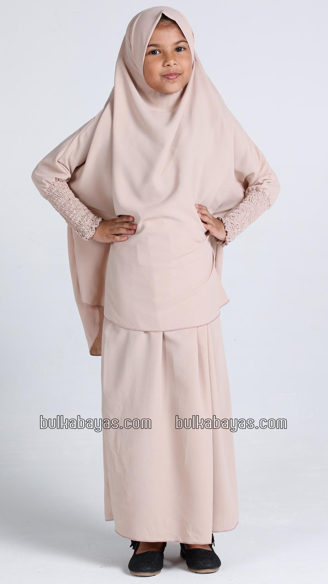 Bulk Kids Jilbab With Skirt And Khimar in Almond