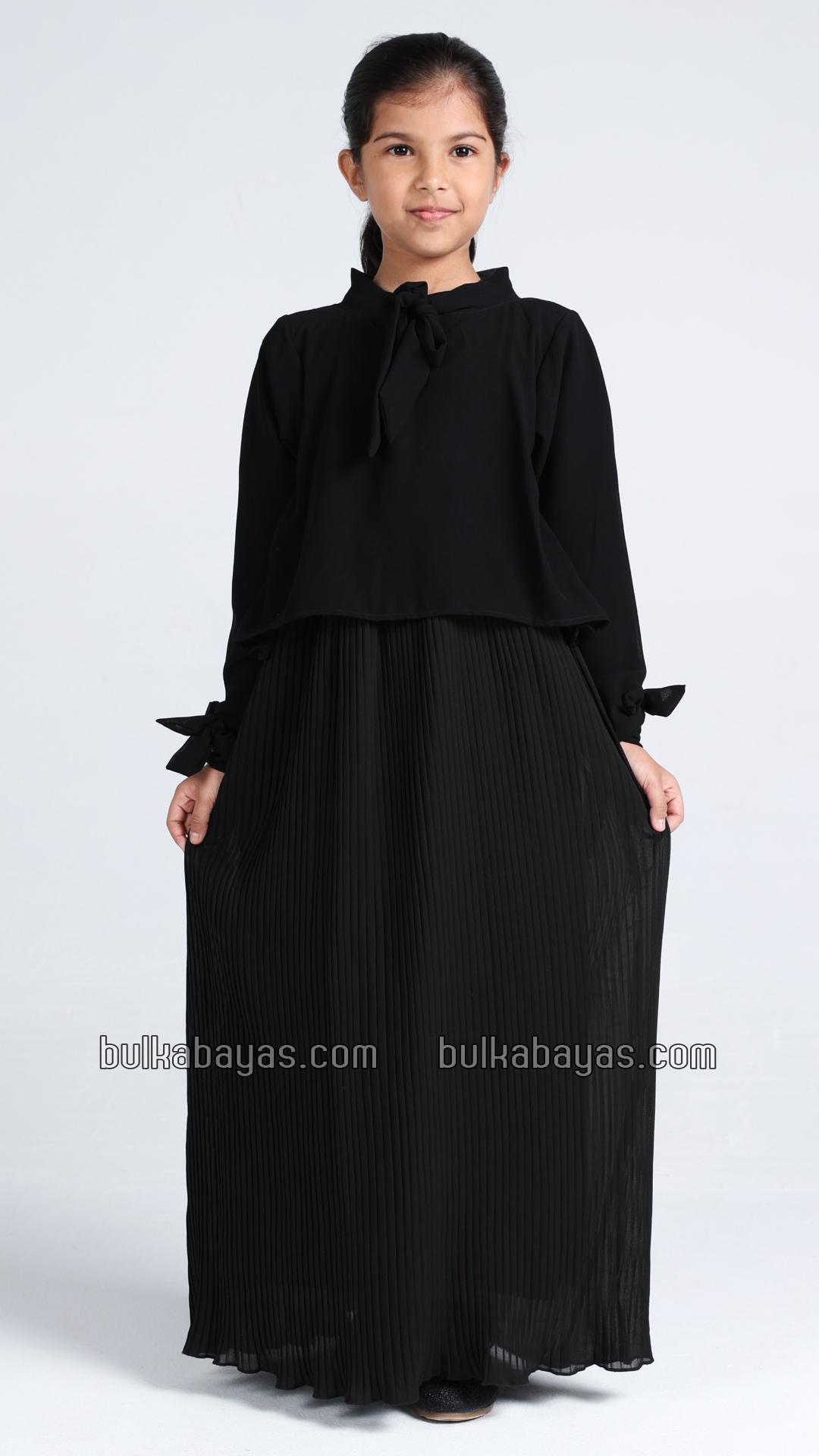 Bulk Pleated Modest Dress for Kids with a TieUp Neck and Sleeves