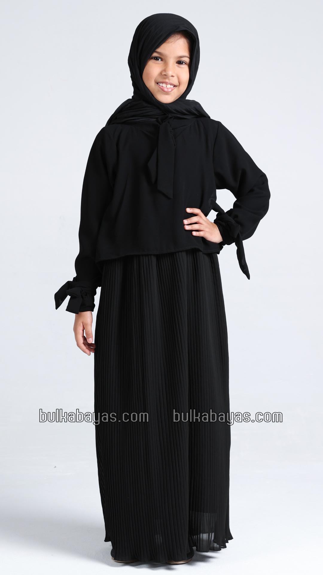 Bulk Pleated Modest Dress for Kids with a TieUp Neck and Sleeves