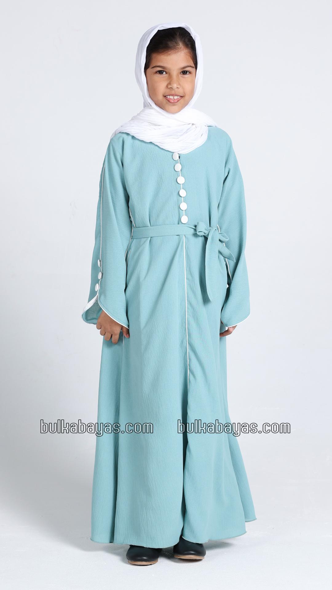 Bulk Kids Abaya with White Piping and Show Buttons on the Front and Sleeves 
