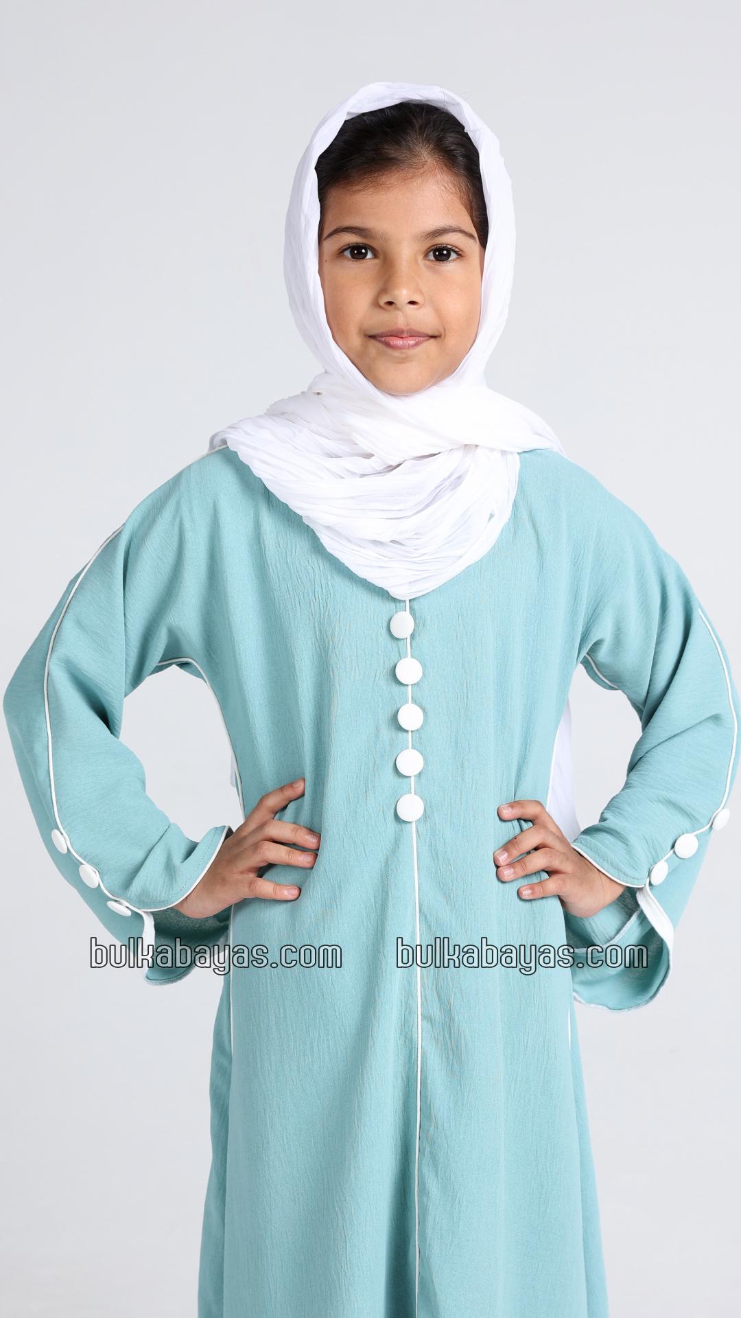 Bulk Kids Abaya with White Piping and Show Buttons on the Front and Sleeves 