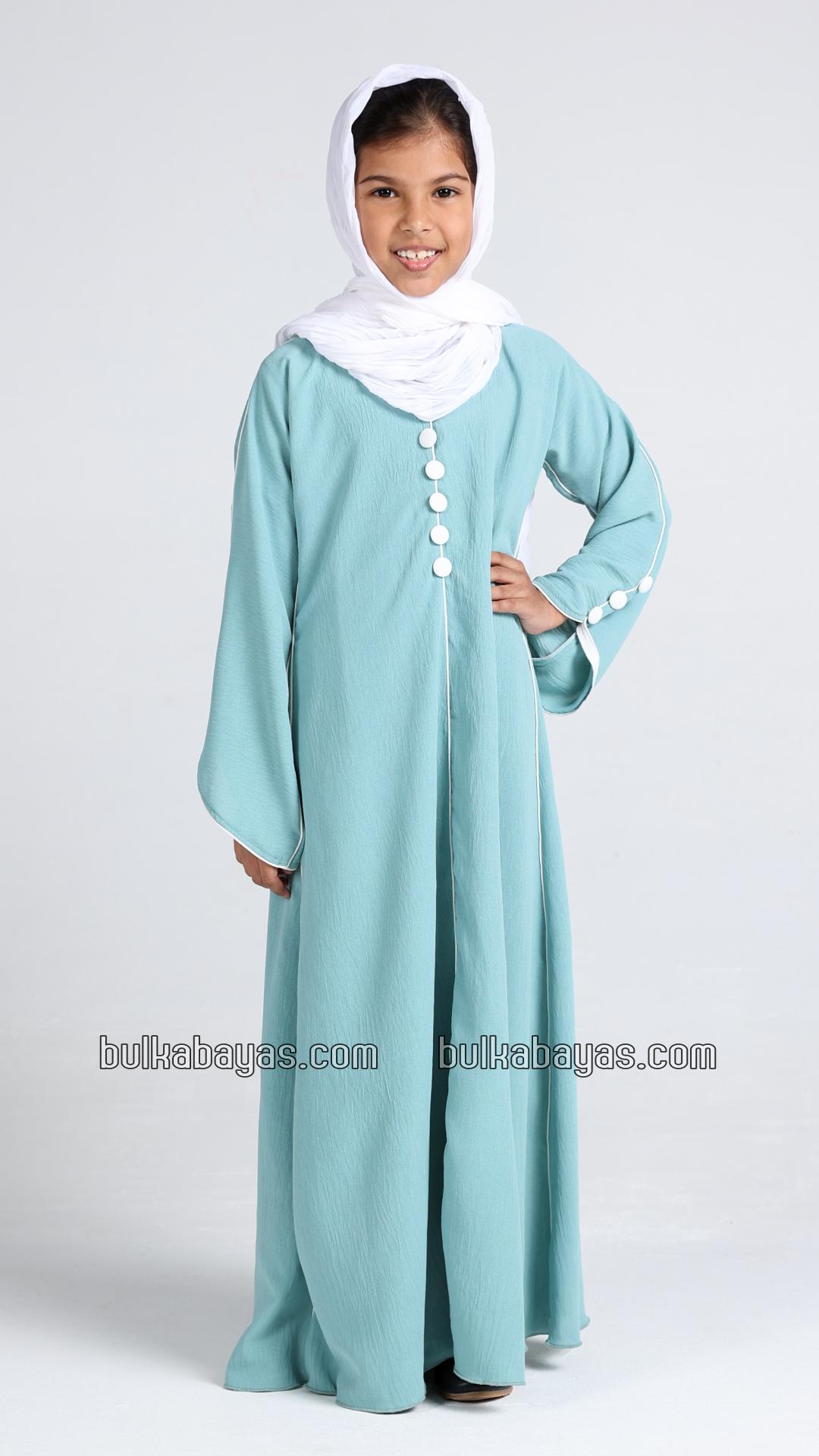 Bulk Kids Abaya with White Piping and Show Buttons on the Front and Sleeves 