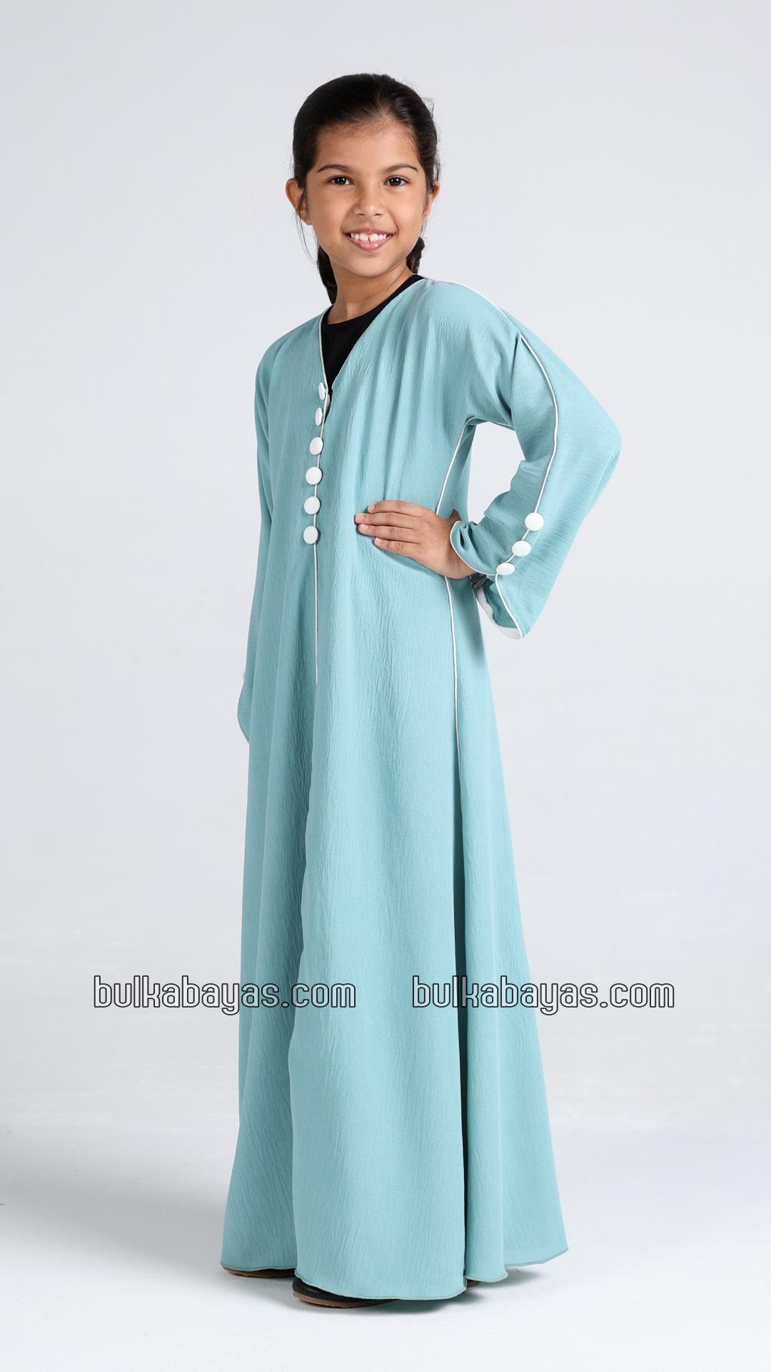 Bulk Kids Abaya with White Piping and Show Buttons on the Front and Sleeves 