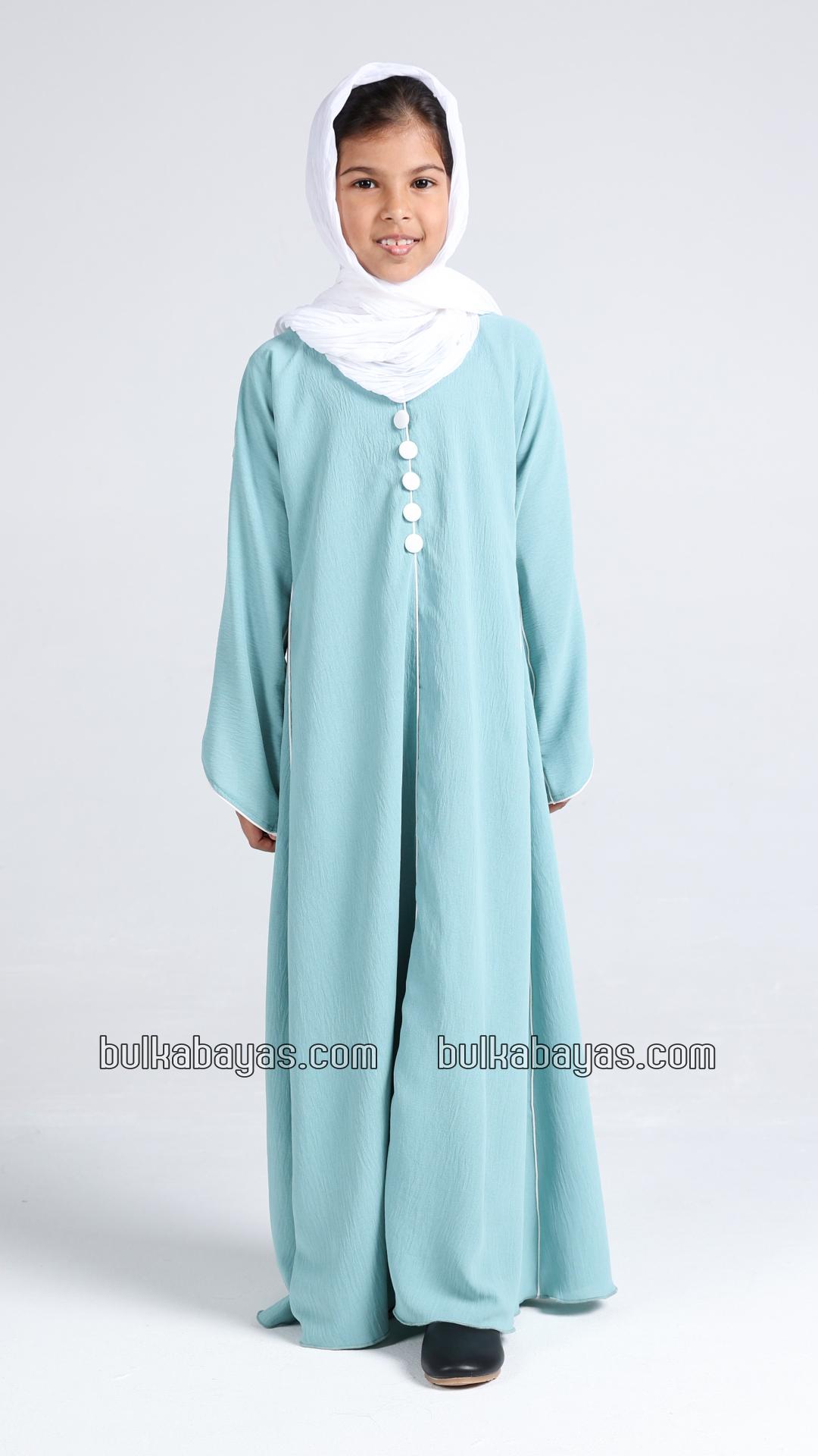 Bulk Kids Abaya with White Piping and Show Buttons on the Front and Sleeves 
