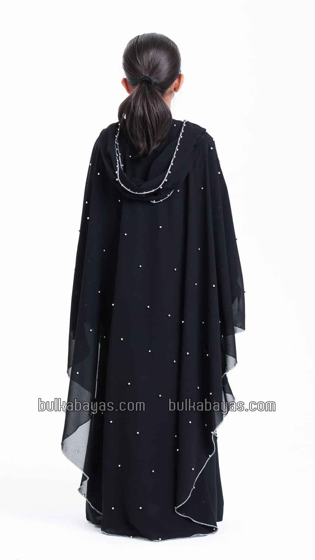 Bulk Black Kids Hooded Modest Dress with Pearl Work on the Shrug