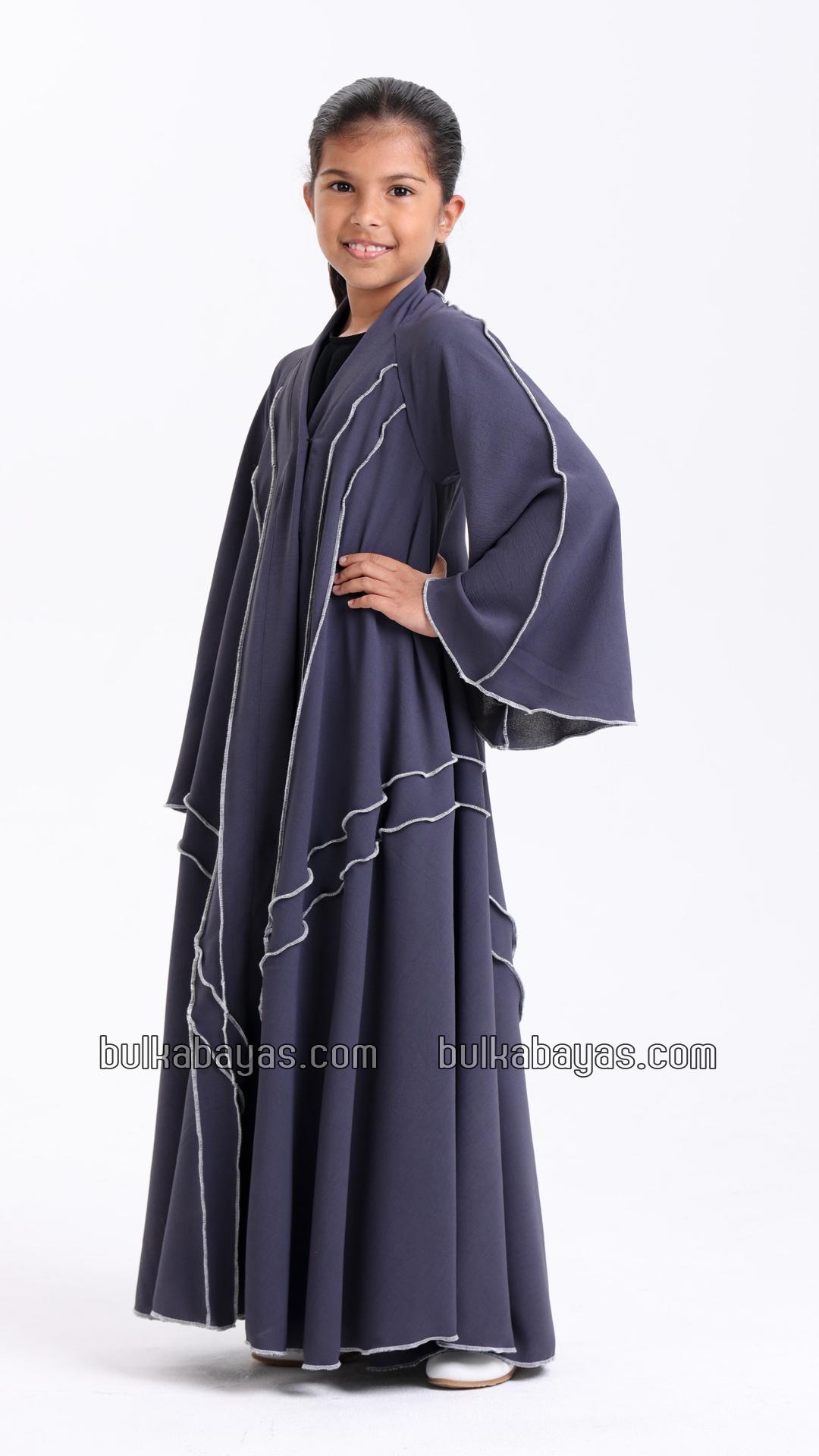 Bulk Kids Modest Dress in Dark Grey with a White Overlock Design on the Front and Sleeves
