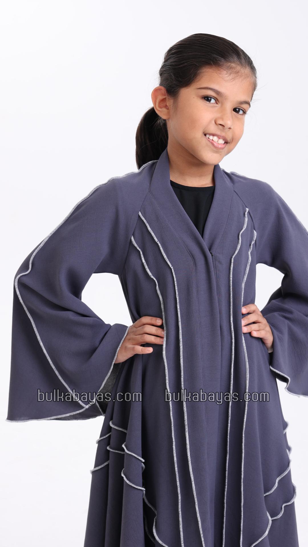 Bulk Kids Modest Dress in Dark Grey with a White Overlock Design on the Front and Sleeves