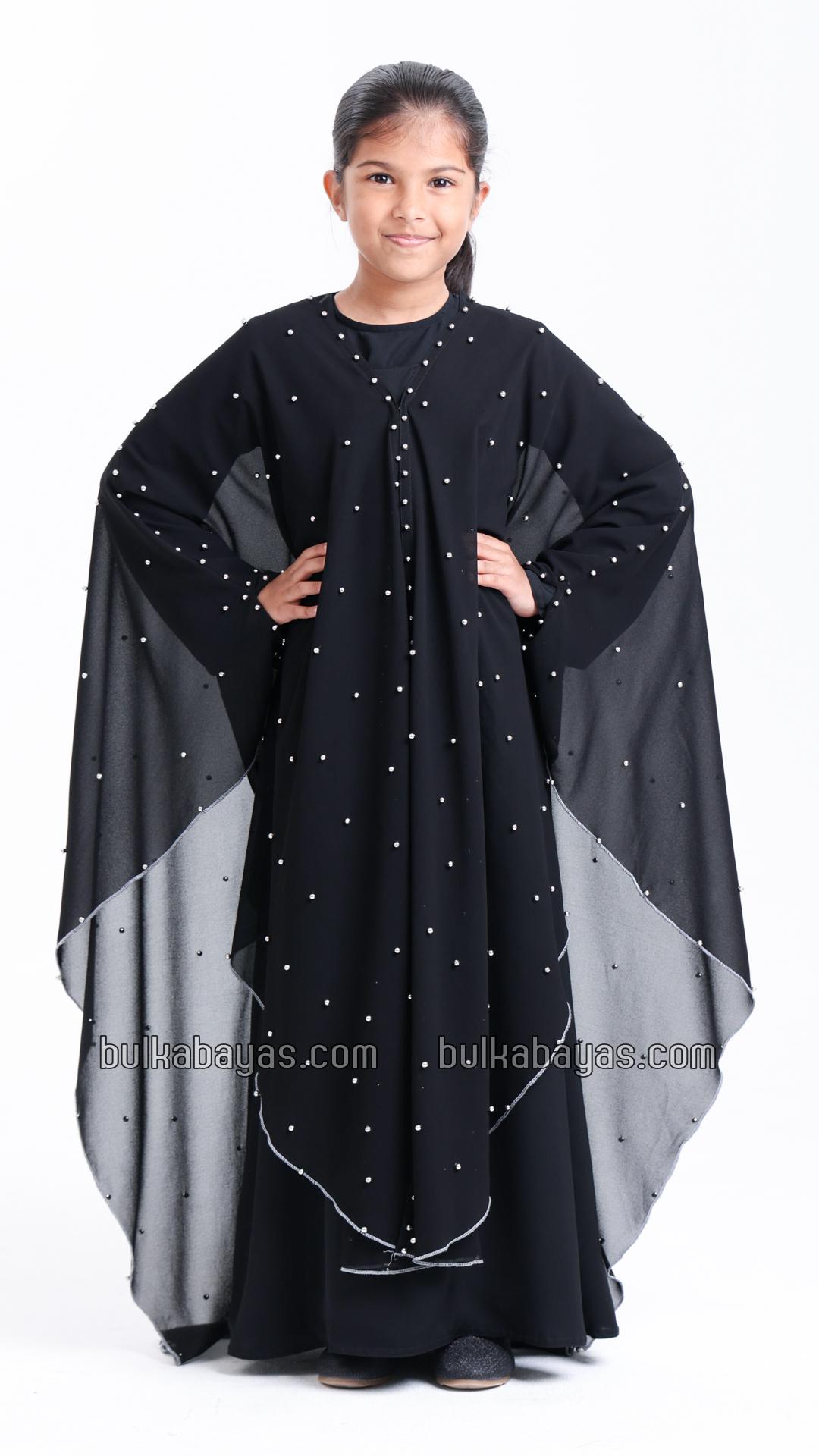 Bulk Black Kids Hooded Modest Dress with Pearl Work on the Shrug
