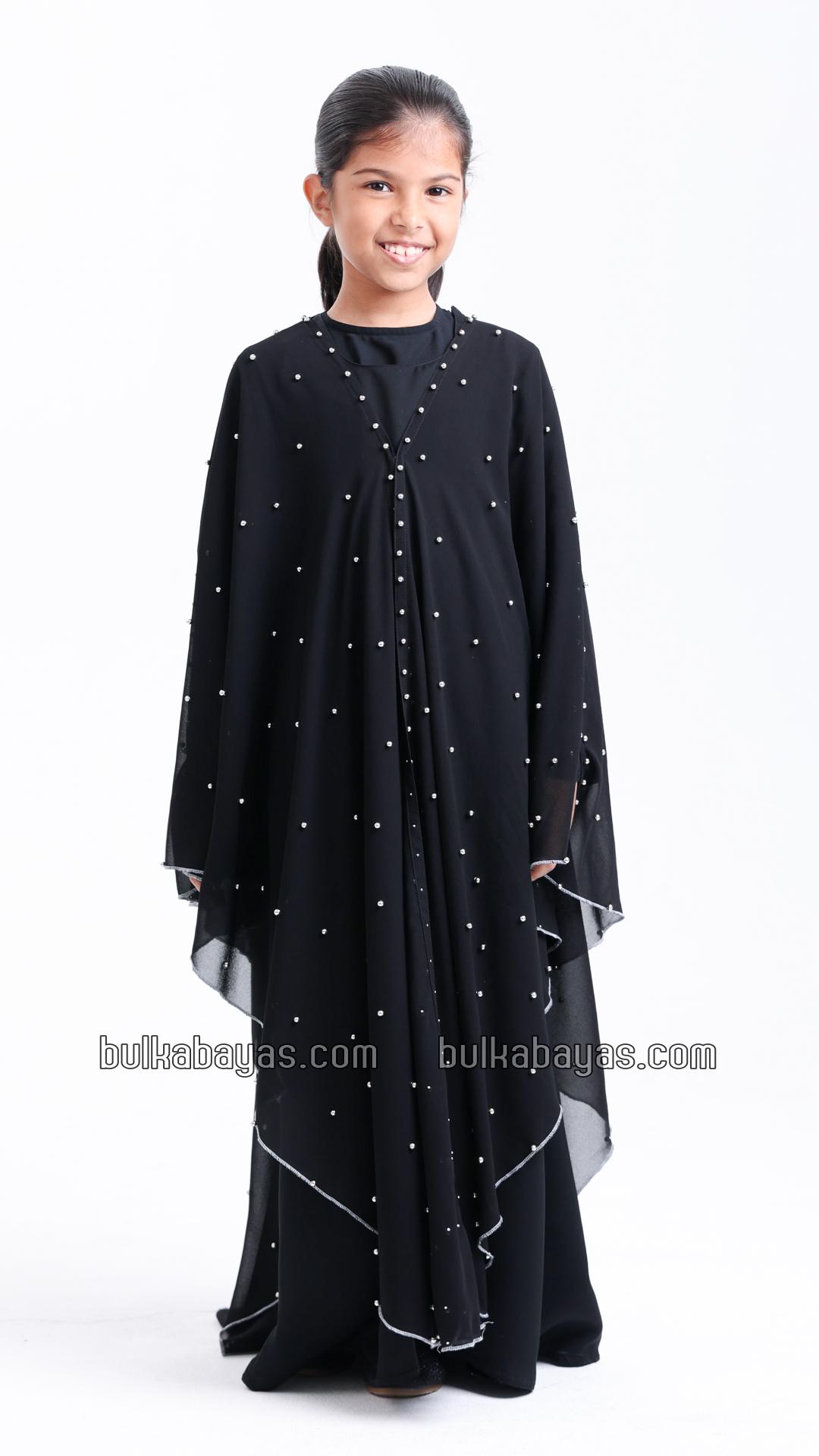 Bulk Black Kids Hooded Modest Dress with Pearl Work on the Shrug