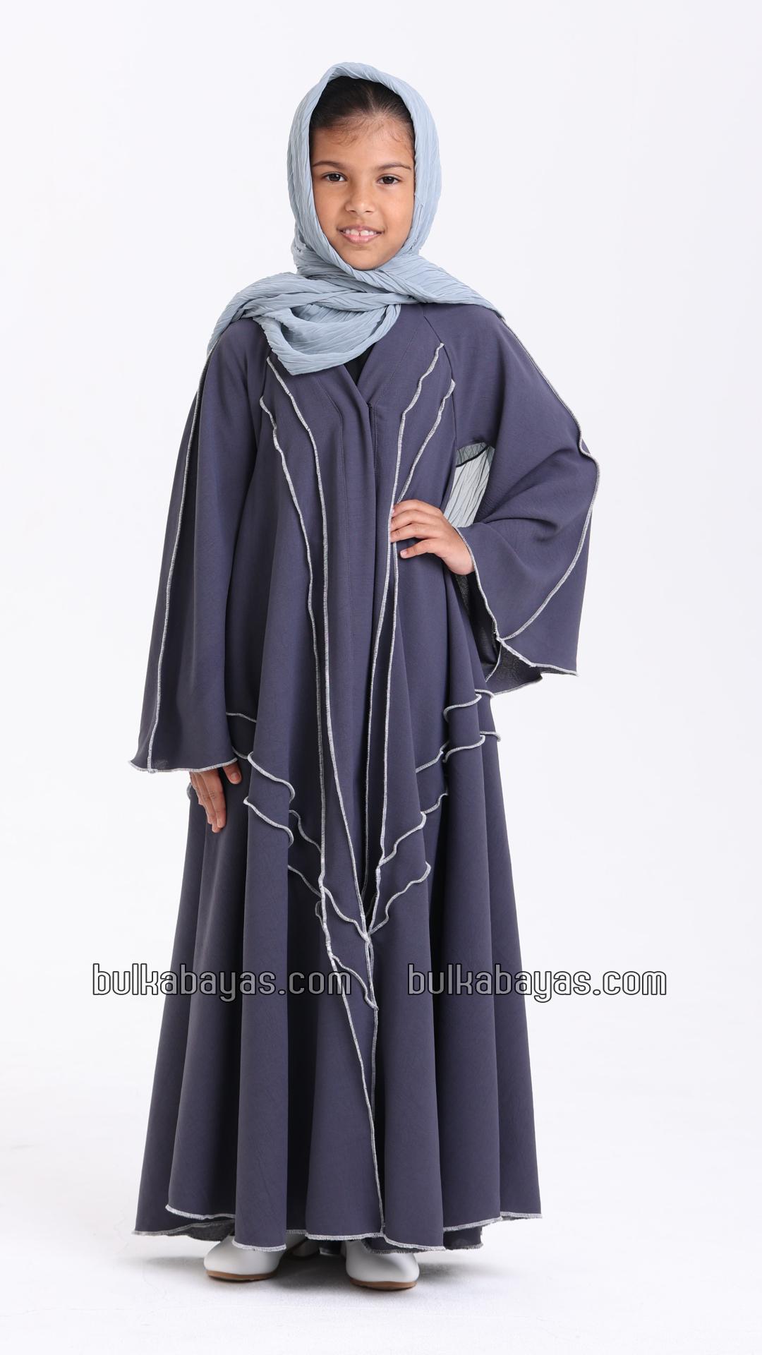 Bulk Kids Modest Dress in Dark Grey with a White Overlock Design on the Front and Sleeves