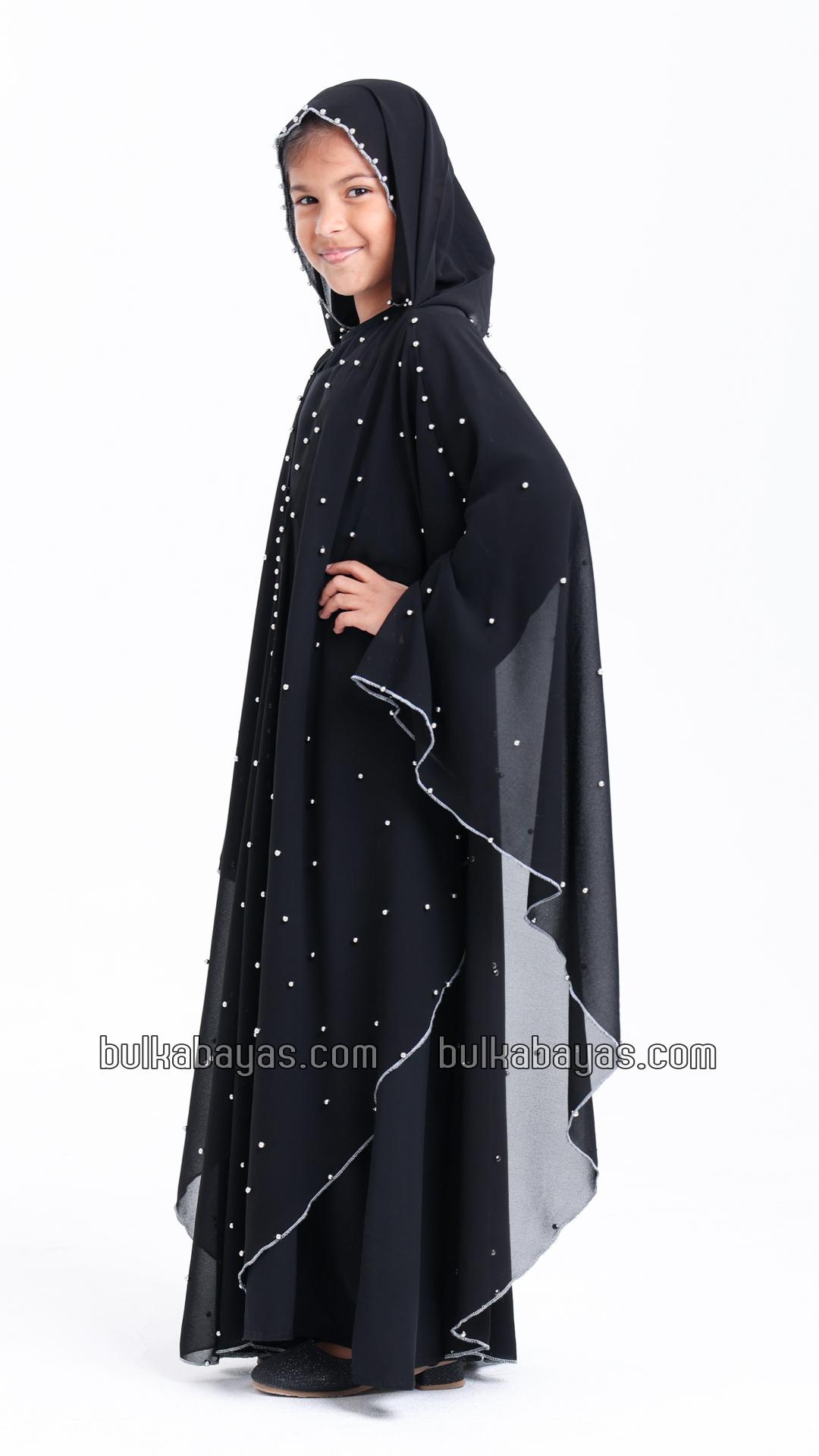 Bulk Black Kids Hooded Modest Dress with Pearl Work on the Shrug