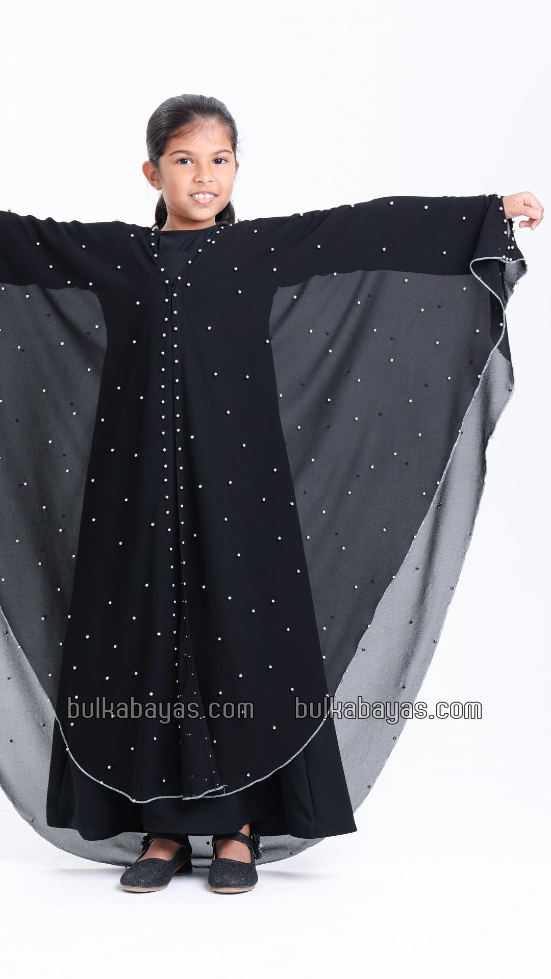 Bulk Black Kids Hooded Modest Dress with Pearl Work on the Shrug