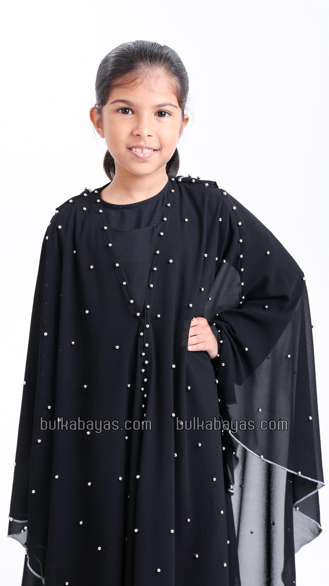 Bulk Black Kids Hooded Modest Dress with Pearl Work on the Shrug