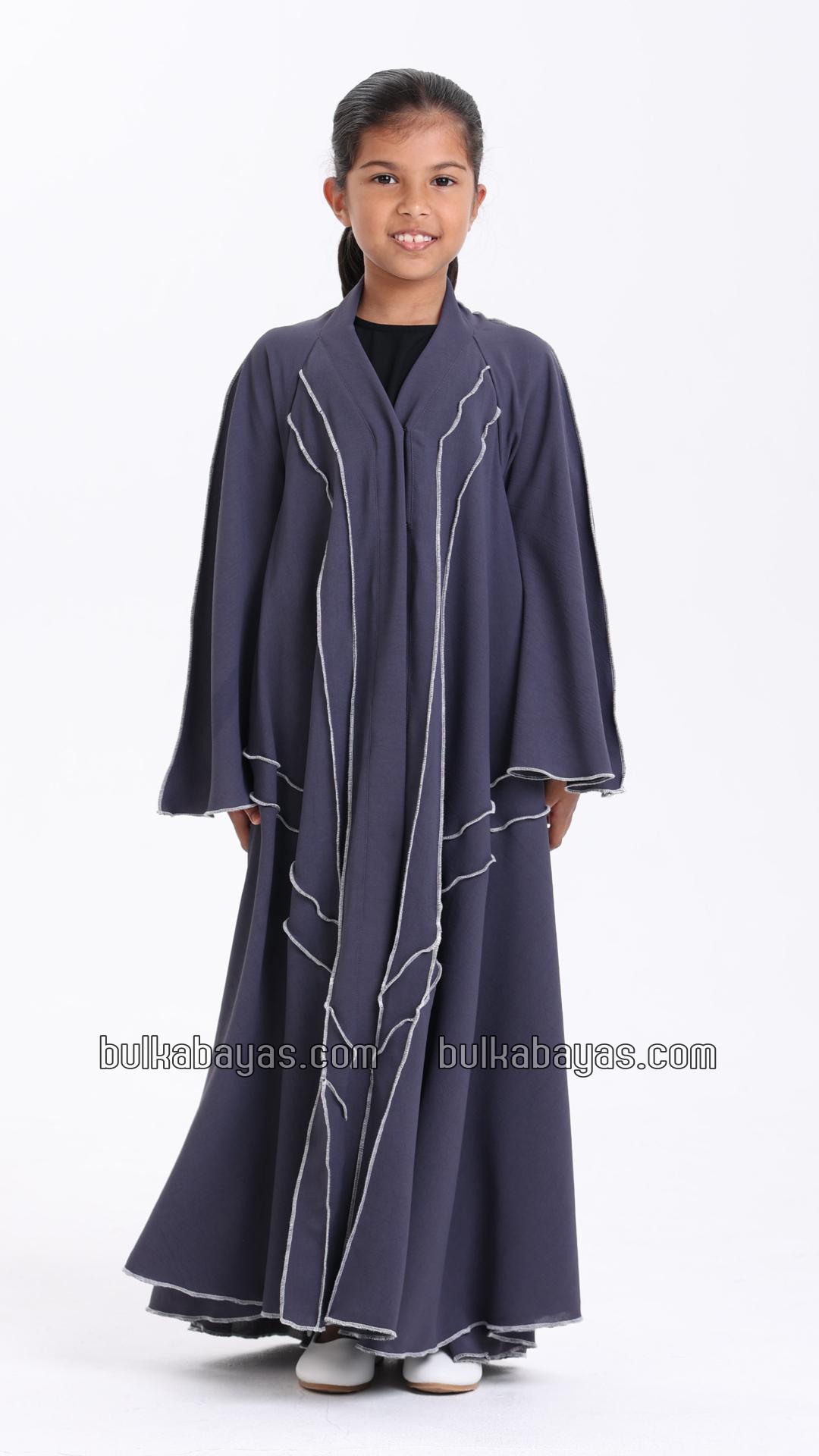 Bulk Kids Modest Dress in Dark Grey with a White Overlock Design on the Front and Sleeves