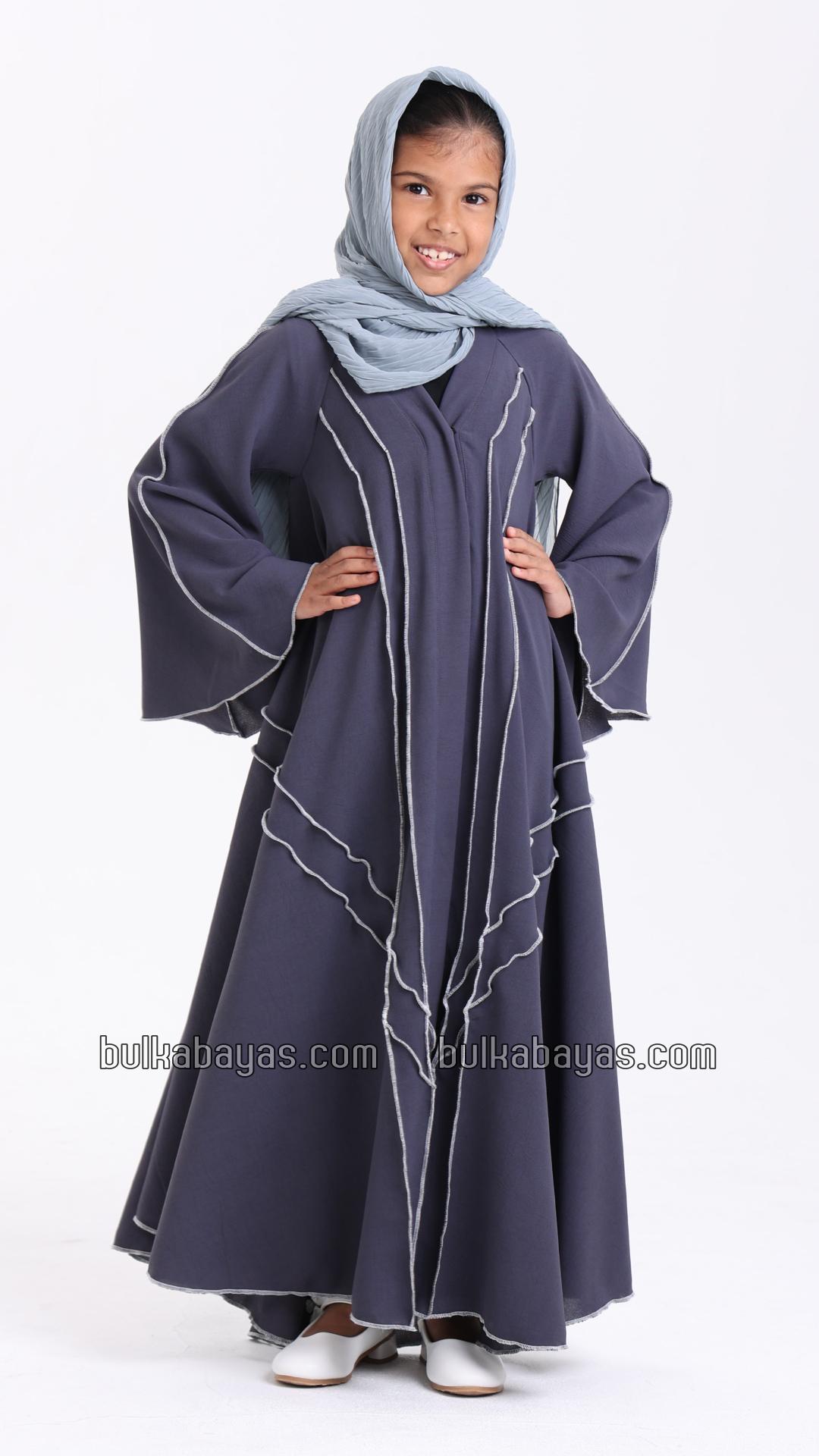 Bulk Kids Modest Dress in Dark Grey with a White Overlock Design on the Front and Sleeves