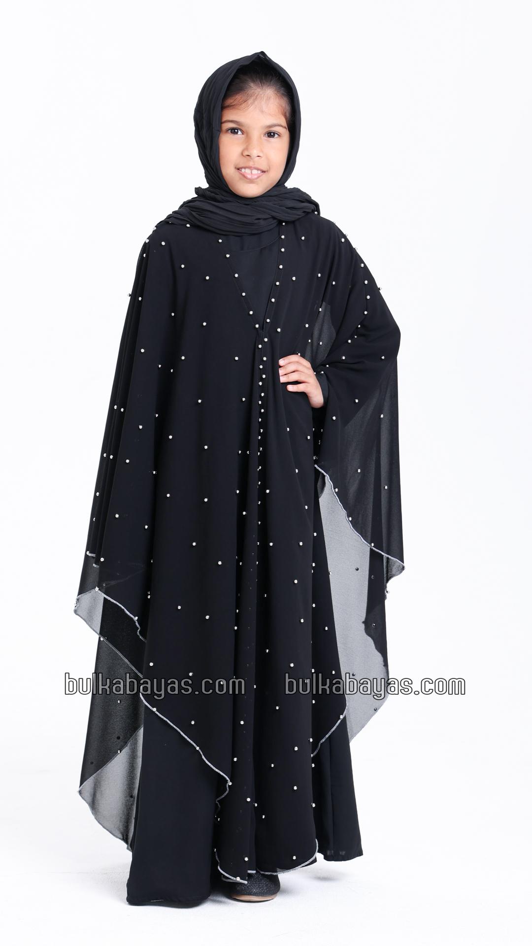 Bulk Black Kids Hooded Modest Dress with Pearl Work on the Shrug