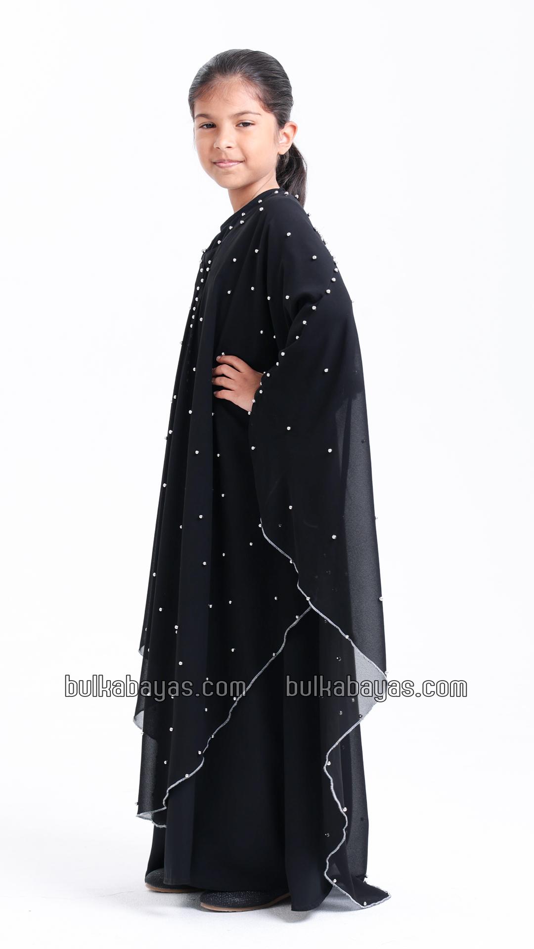 Bulk Black Kids Hooded Modest Dress with Pearl Work on the Shrug