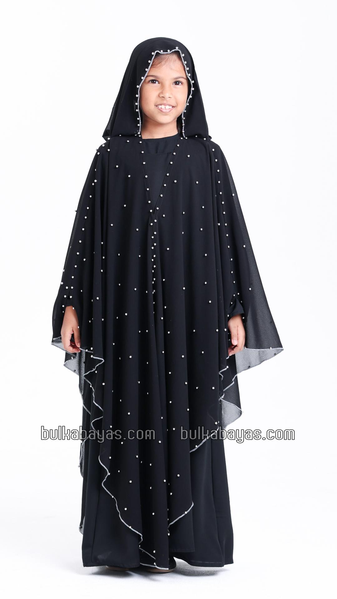 Bulk Black Kids Hooded Modest Dress with Pearl Work on the Shrug