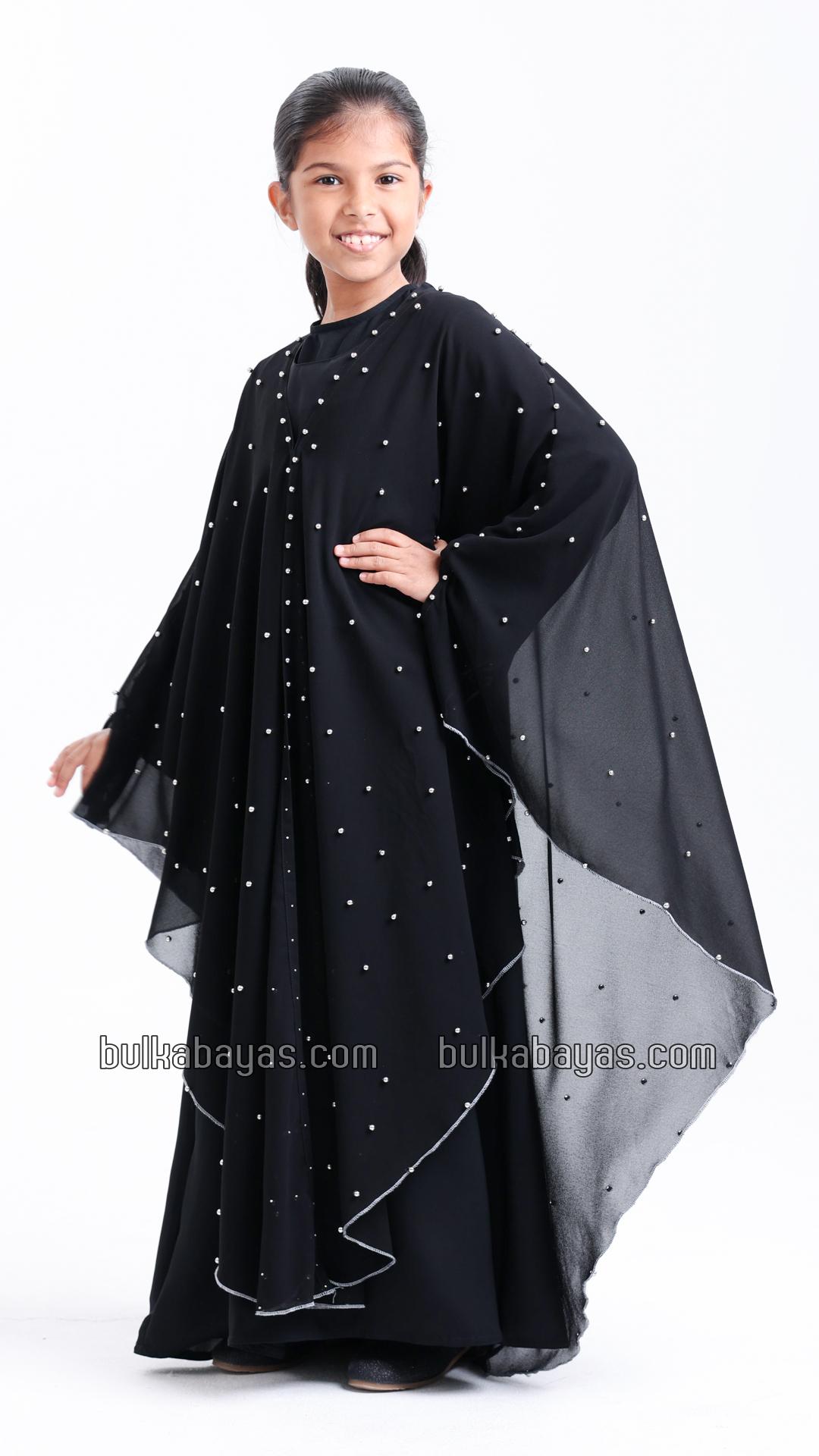 Bulk Black Kids Hooded Modest Dress with Pearl Work on the Shrug