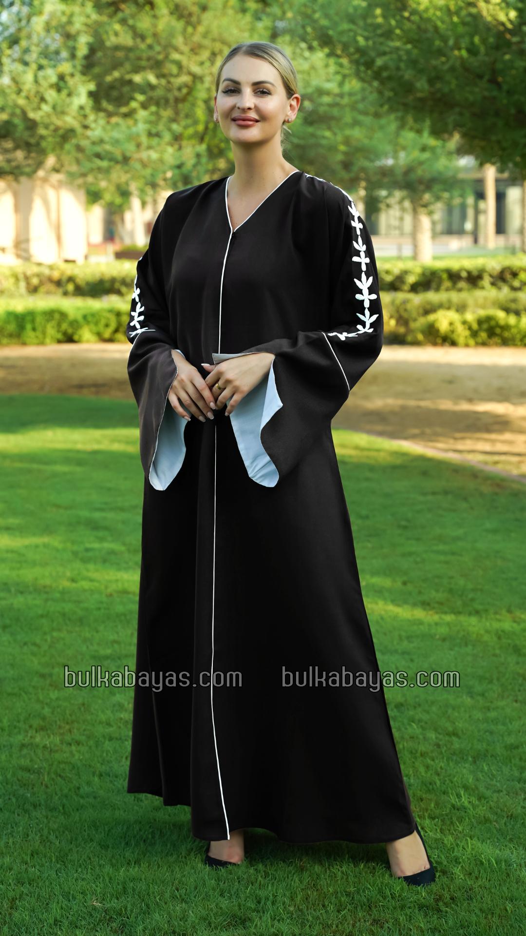 Bulk Black Abaya with Embroidered Sleeves and Piping Design