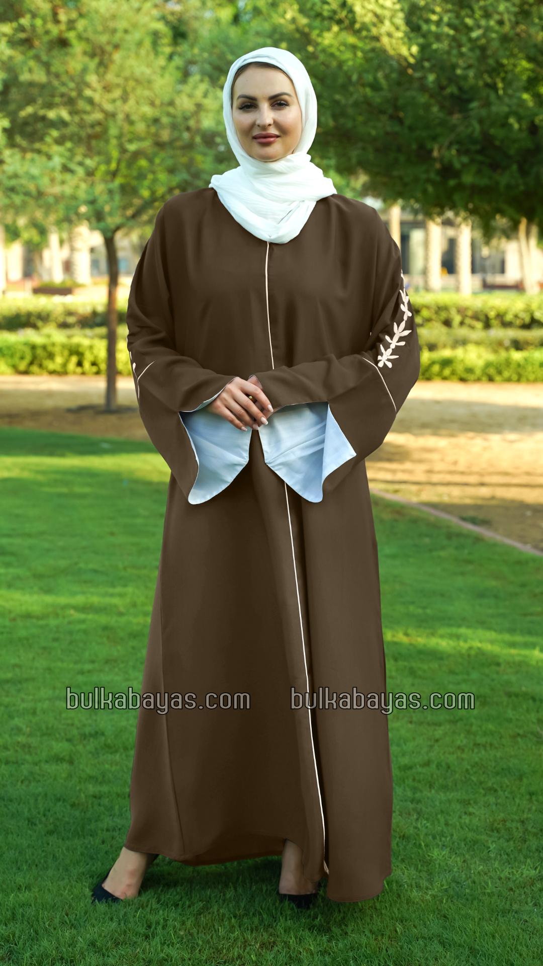 Bulk Brown Abaya with Embroidered Sleeves and Piping Design