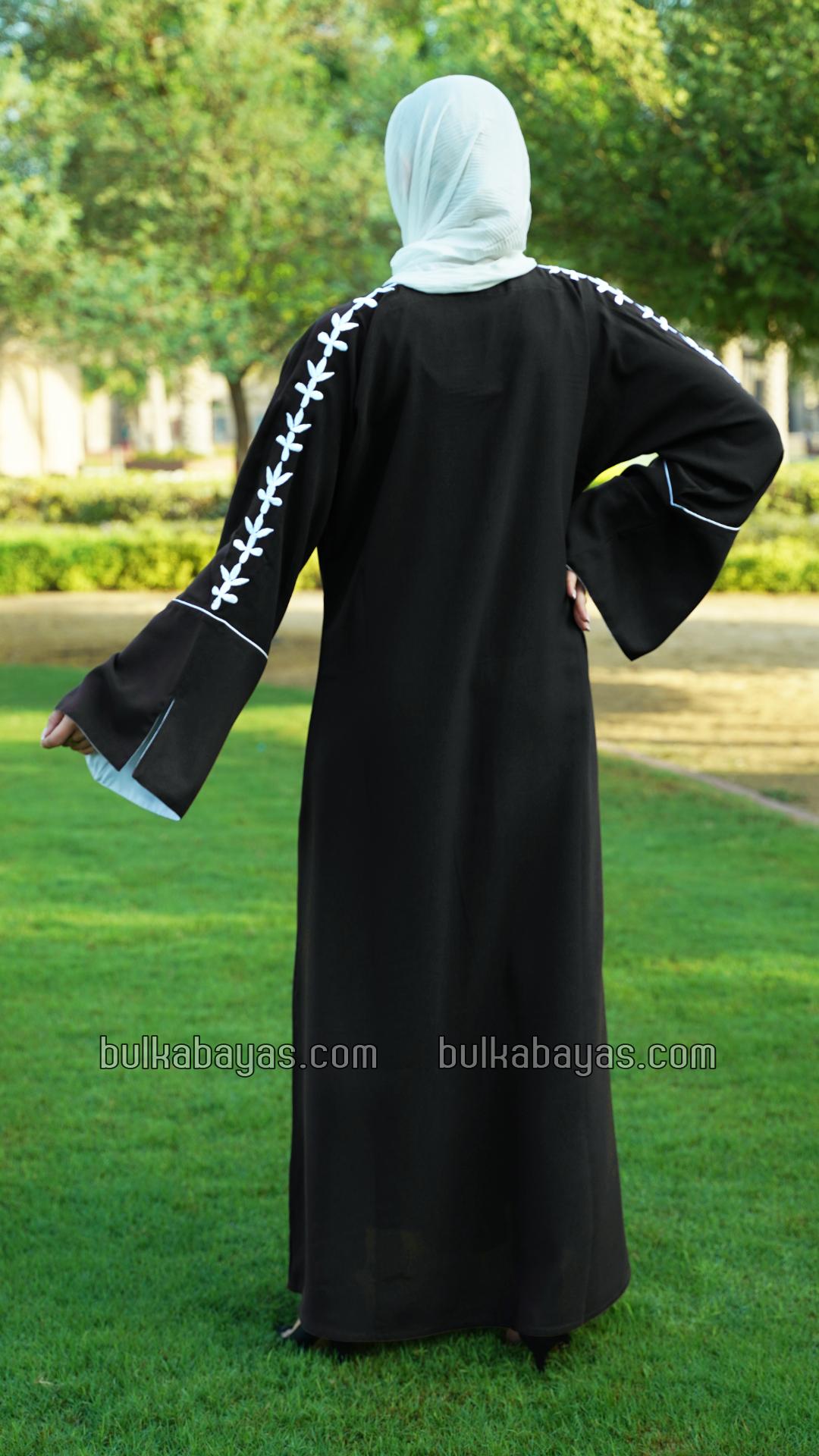 Bulk Black Abaya with Embroidered Sleeves and Piping Design
