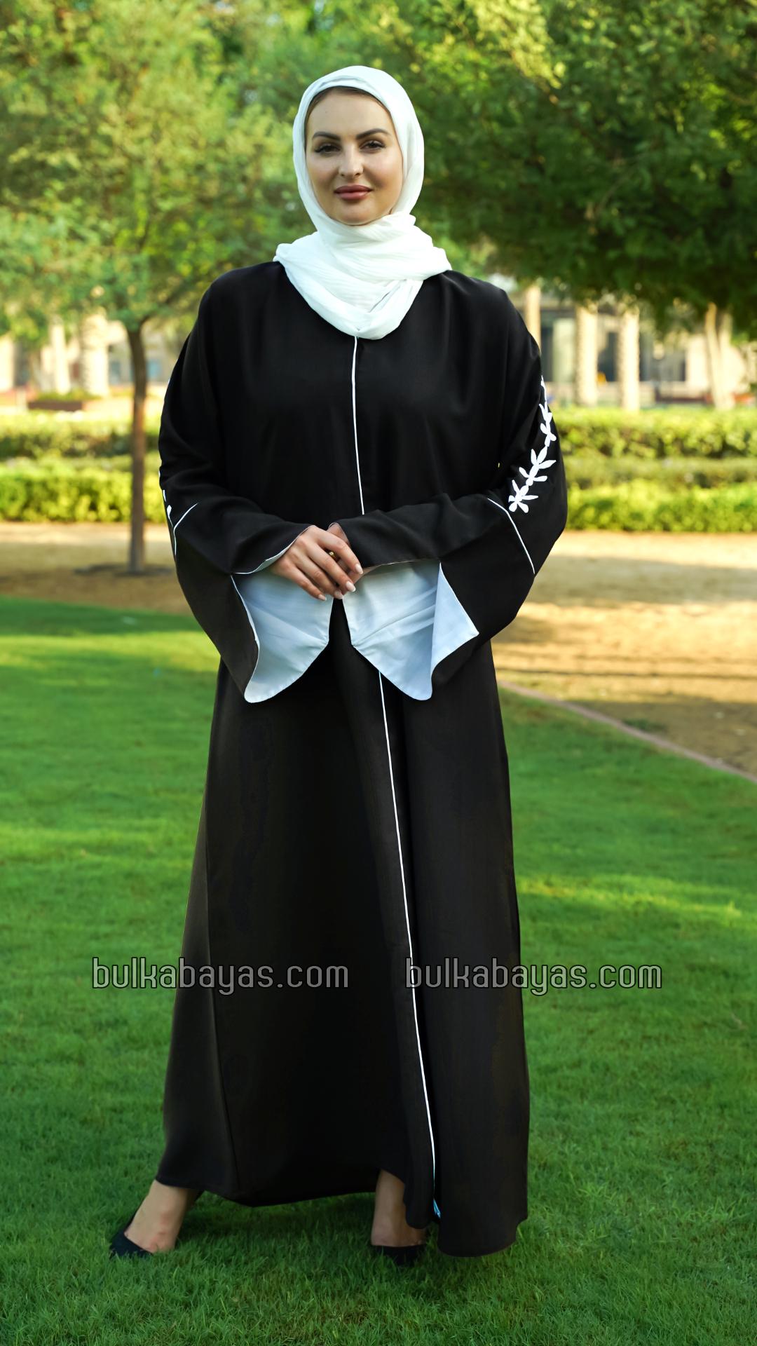 Bulk Black Abaya with Embroidered Sleeves and Piping Design
