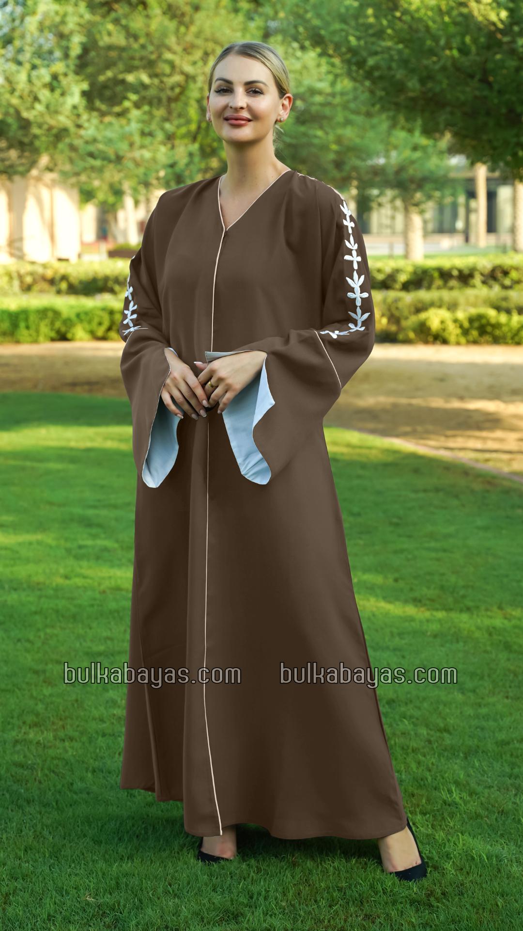 Bulk Brown Abaya with Embroidered Sleeves and Piping Design