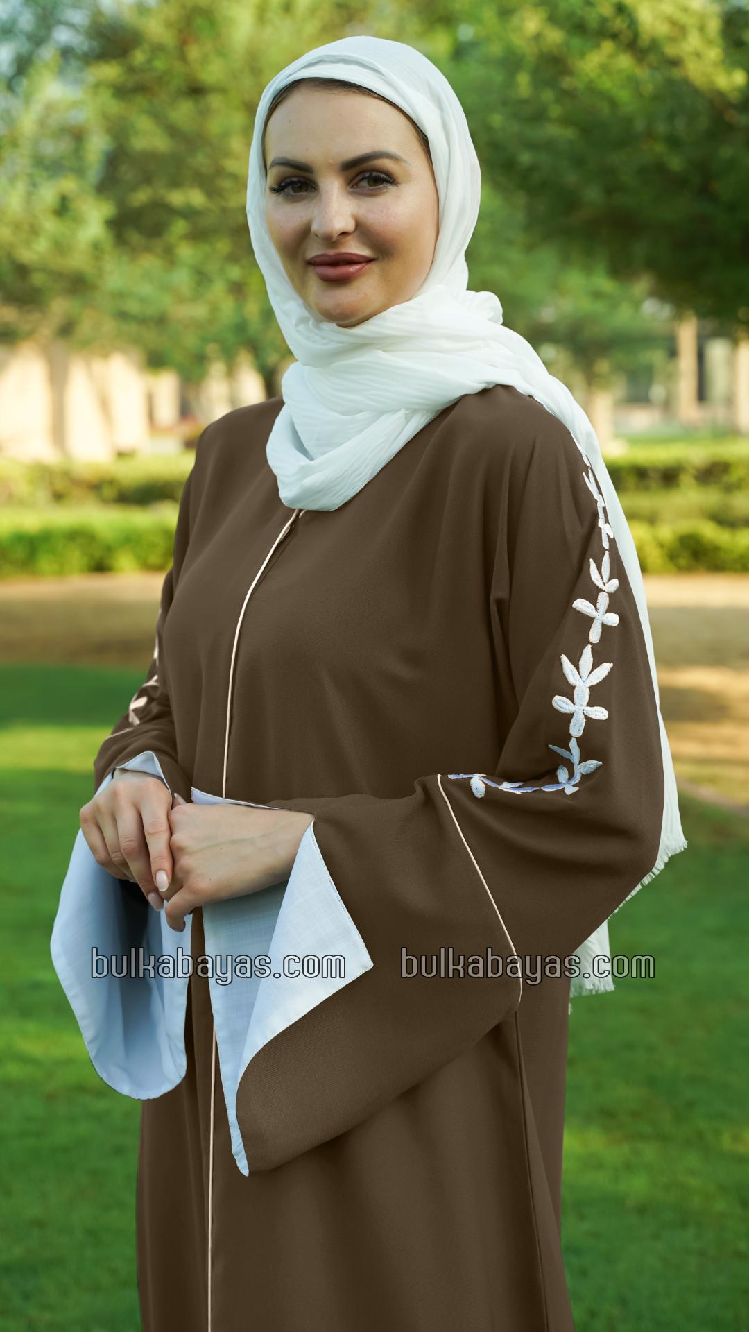 Bulk Brown Abaya with Embroidered Sleeves and Piping Design
