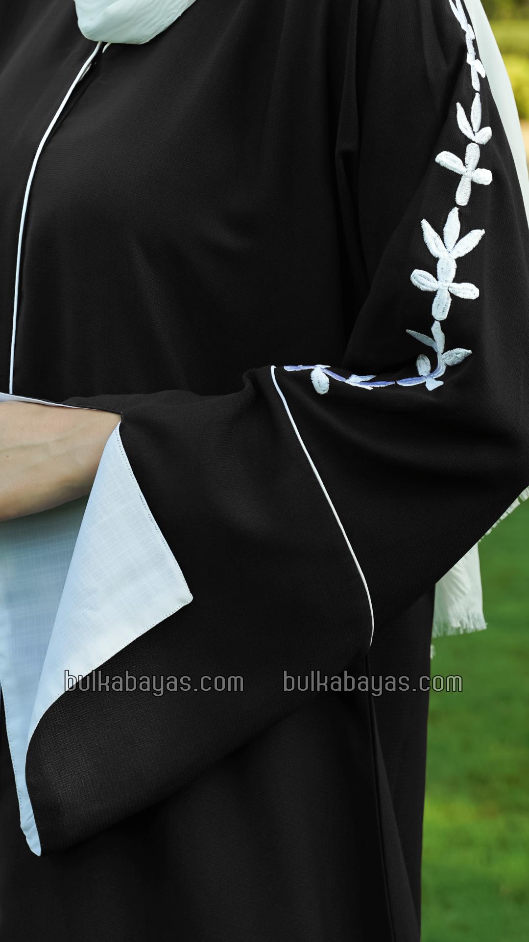Bulk Black Abaya with Embroidered Sleeves and Piping Design