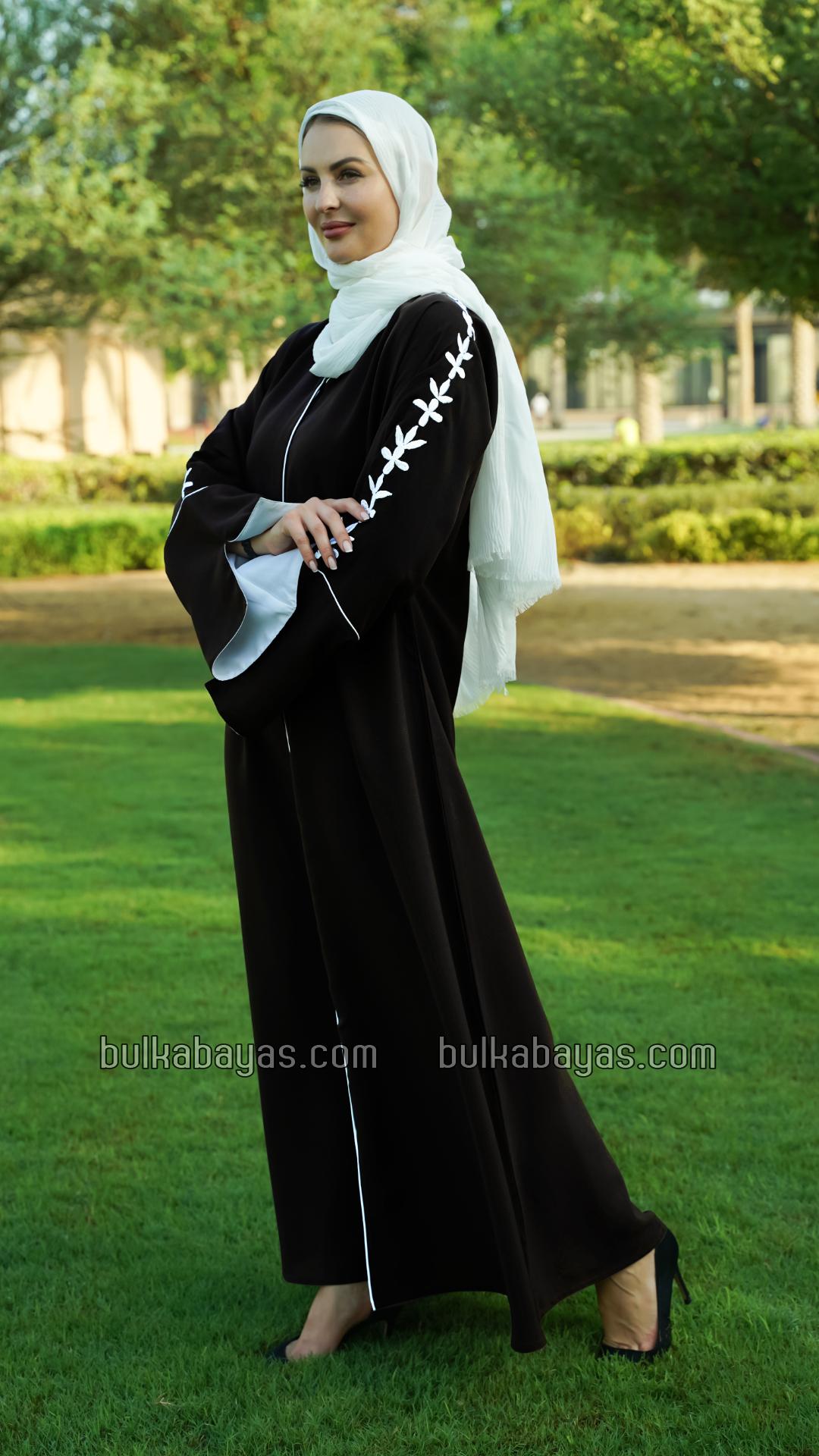 Bulk Black Abaya with Embroidered Sleeves and Piping Design