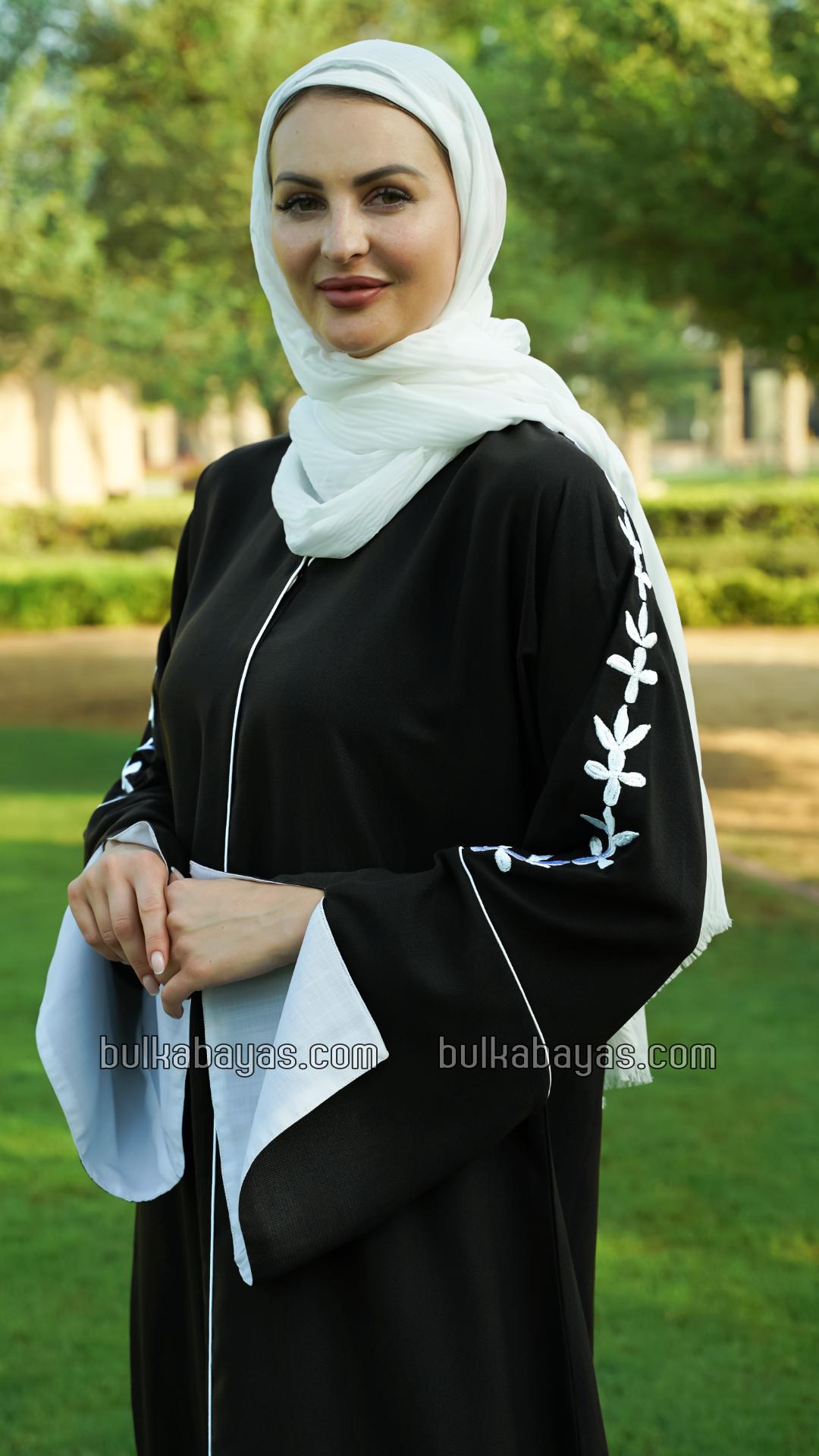 Bulk Black Abaya with Embroidered Sleeves and Piping Design