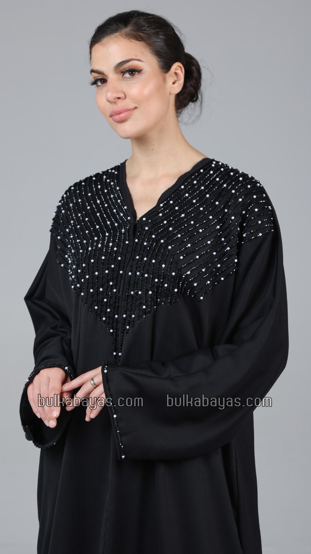 Bulk Elegant Gulf Zoom Abaya in Black with Crystal Handwork and Piping on the Front and Sleeves