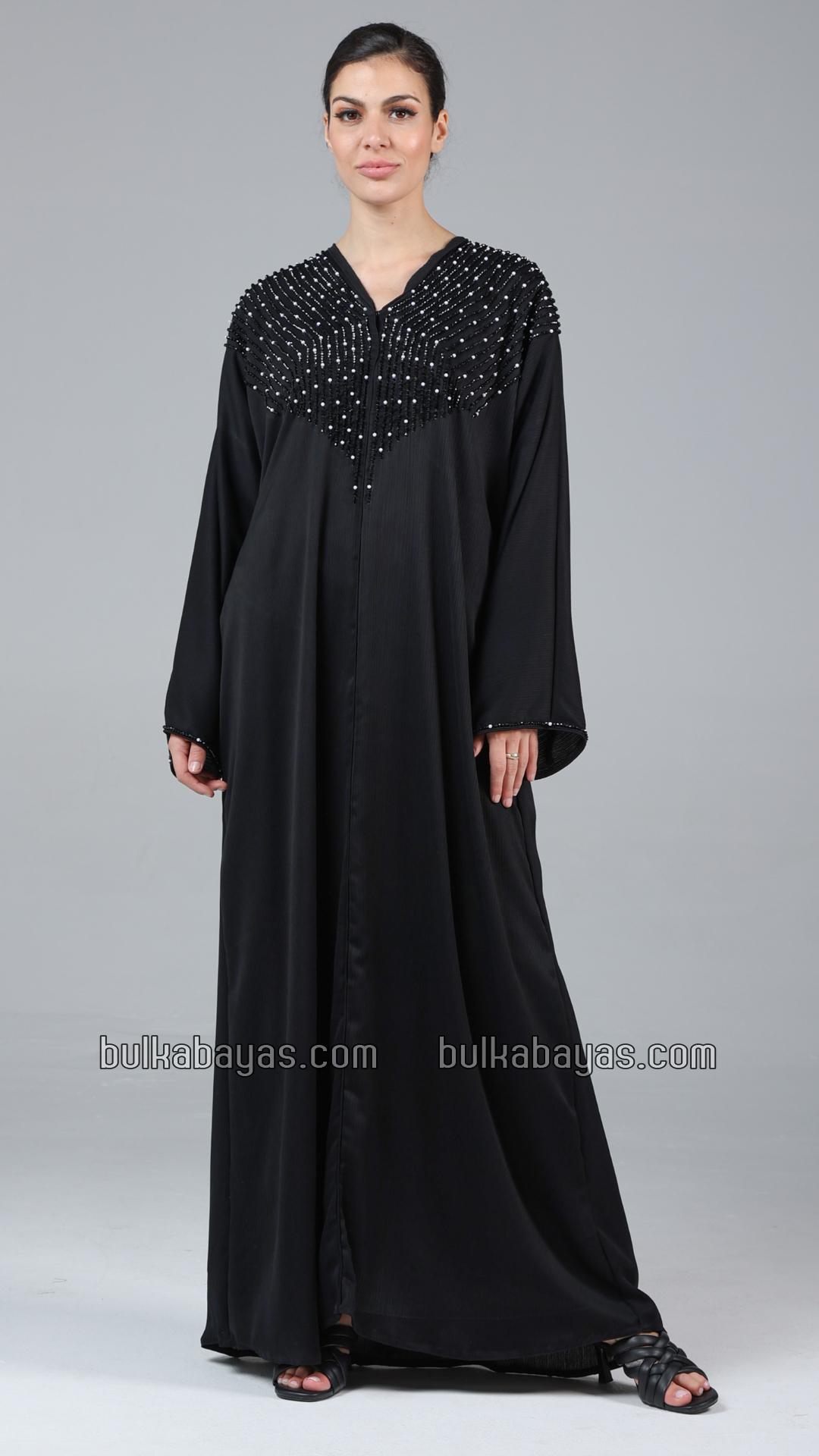 Bulk Elegant Gulf Zoom Abaya in Black with Crystal Handwork and Piping on the Front and Sleeves