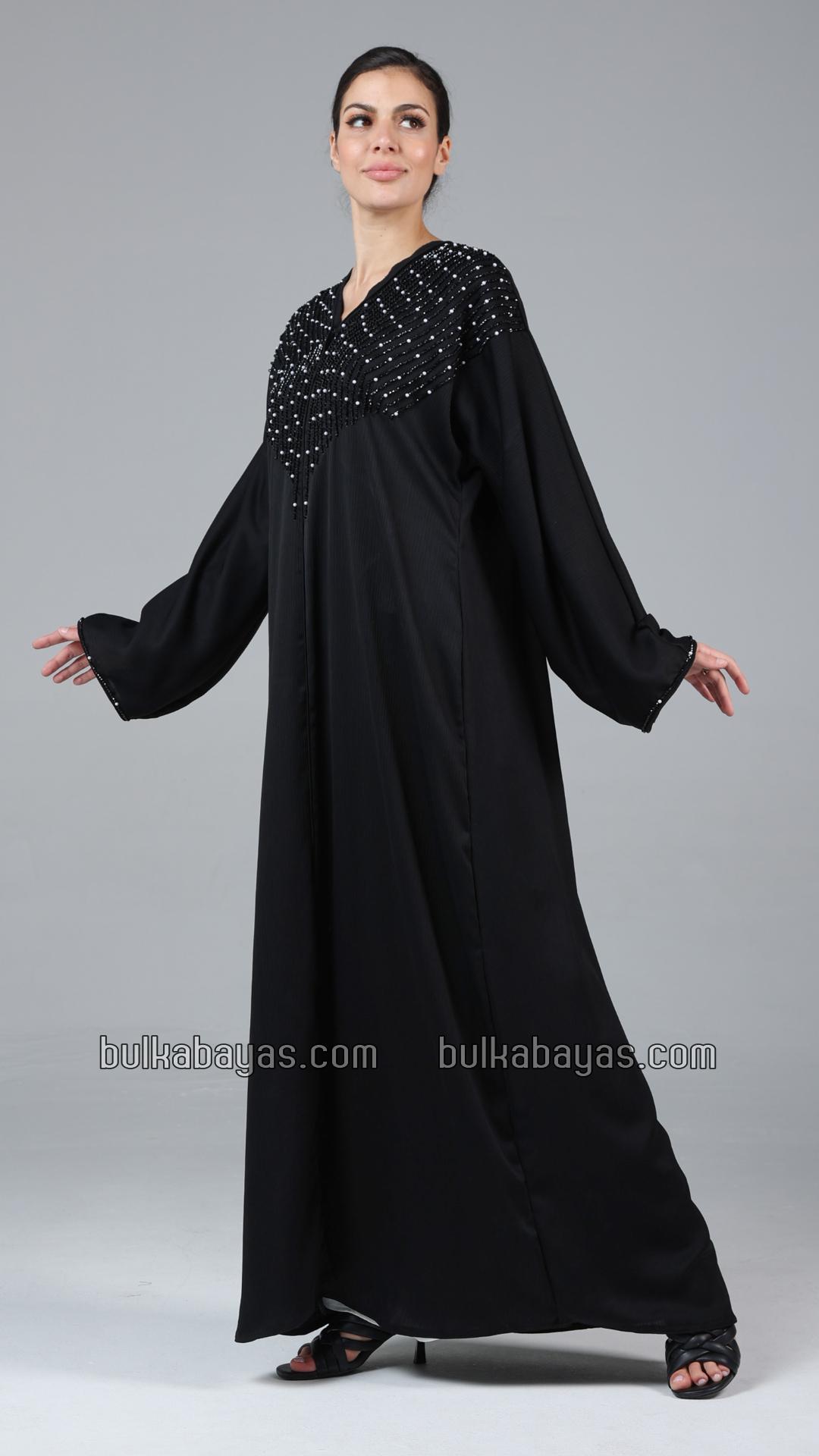 Bulk Elegant Gulf Zoom Abaya in Black with Crystal Handwork and Piping on the Front and Sleeves