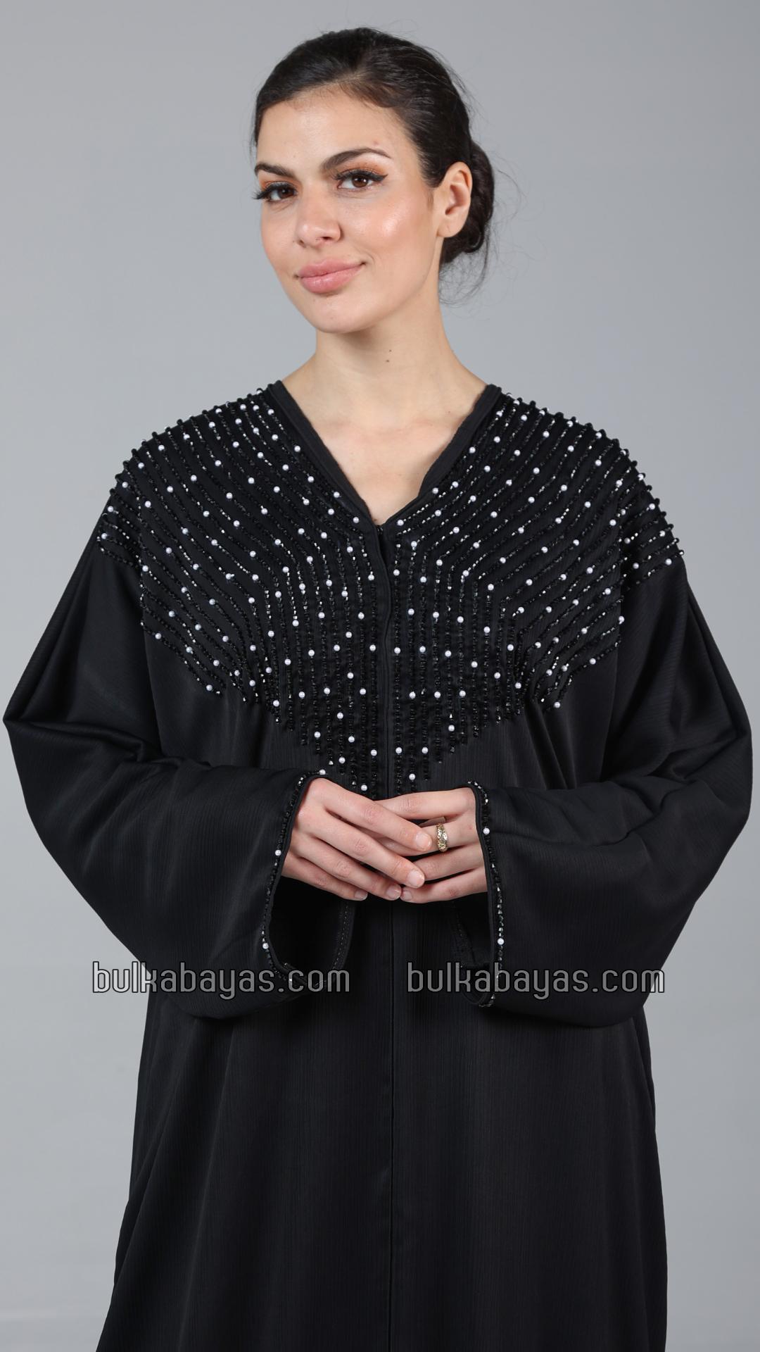 Bulk Elegant Gulf Zoom Abaya in Black with Crystal Handwork and Piping on the Front and Sleeves