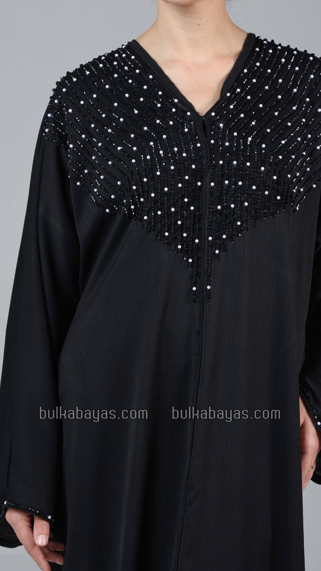 Bulk Elegant Gulf Zoom Abaya in Black with Crystal Handwork and Piping on the Front and Sleeves