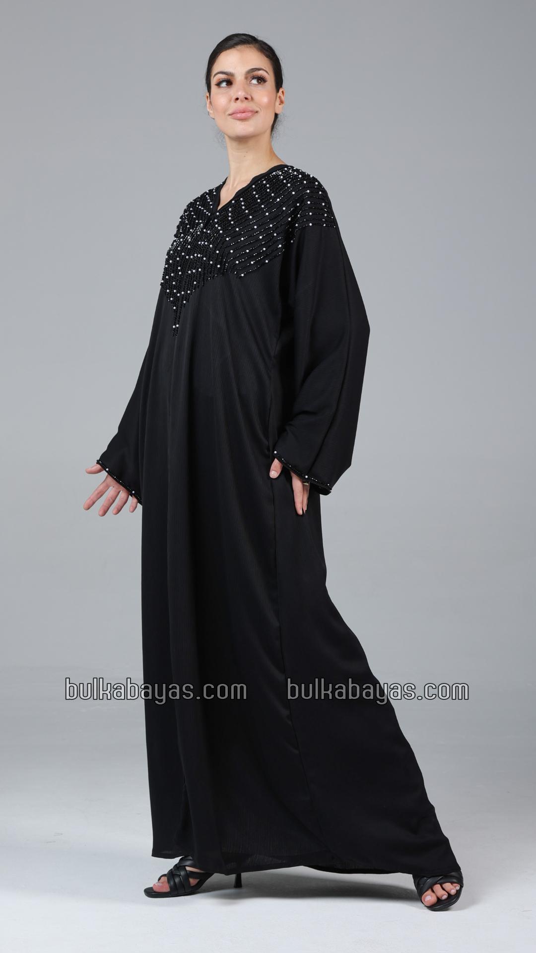 Bulk Elegant Gulf Zoom Abaya in Black with Crystal Handwork and Piping on the Front and Sleeves
