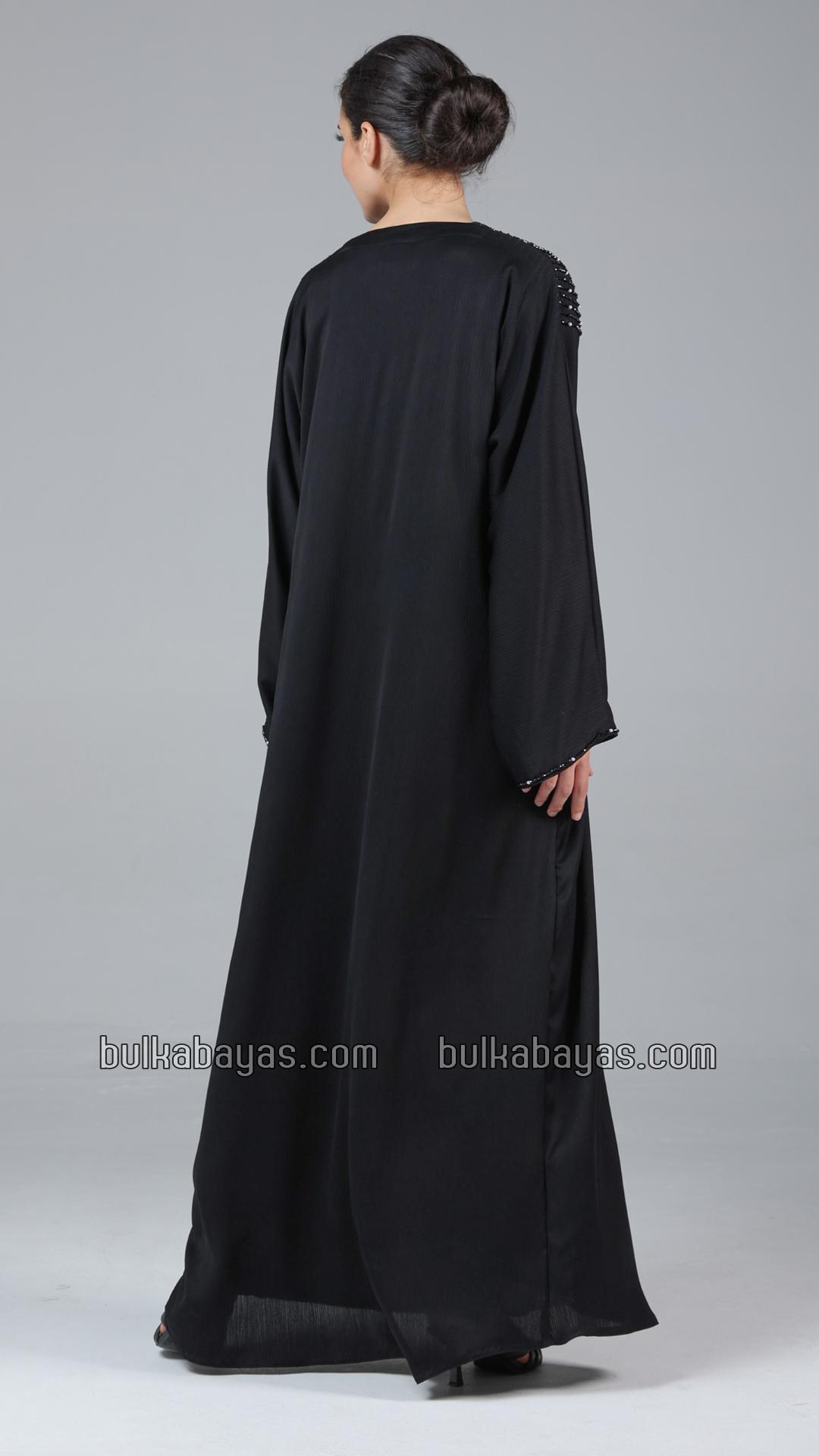 Bulk Elegant Gulf Zoom Abaya in Black with Crystal Handwork and Piping on the Front and Sleeves