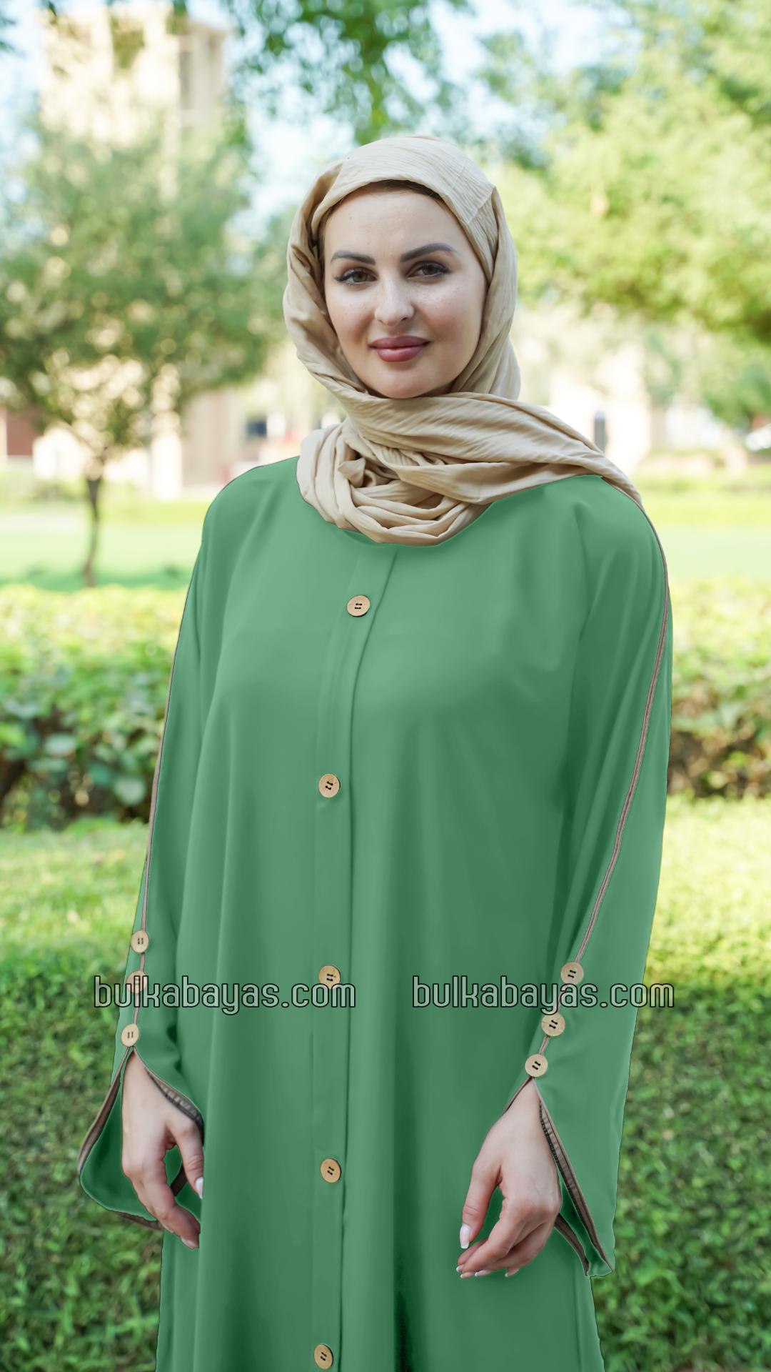 Bulk CEY Abaya With Beige Piping And Show Buttons on the Front And Sleeves In Mint