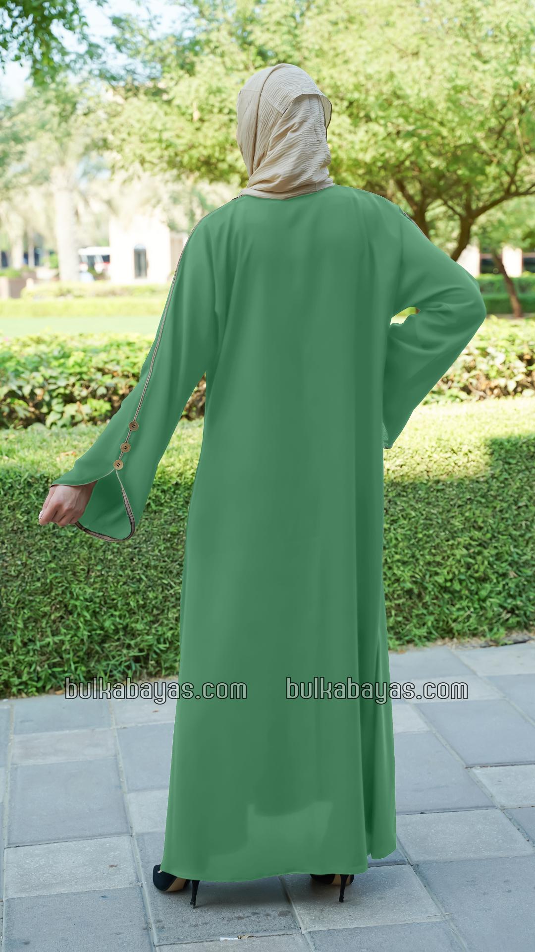 Bulk CEY Abaya With Beige Piping And Show Buttons on the Front And Sleeves In Mint