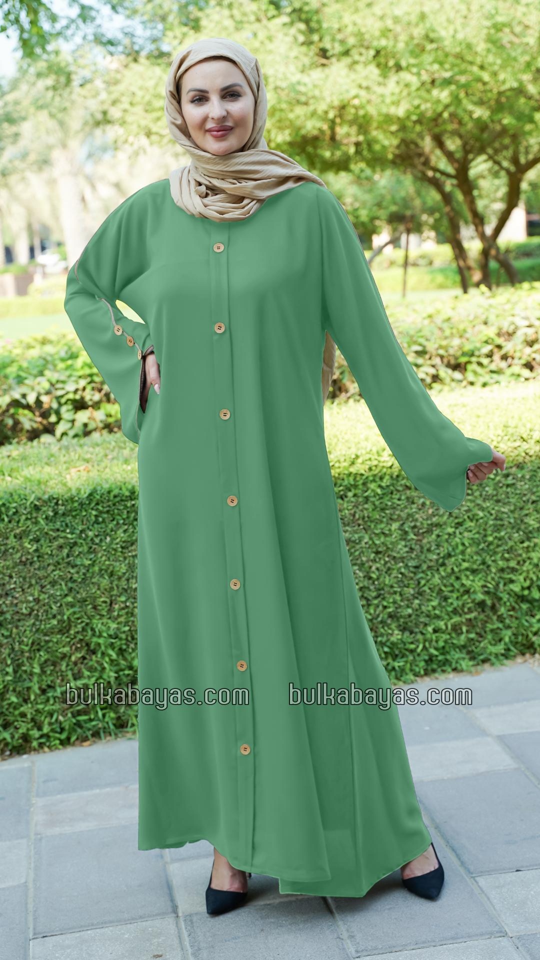 Bulk CEY Abaya With Beige Piping And Show Buttons on the Front And Sleeves In Mint